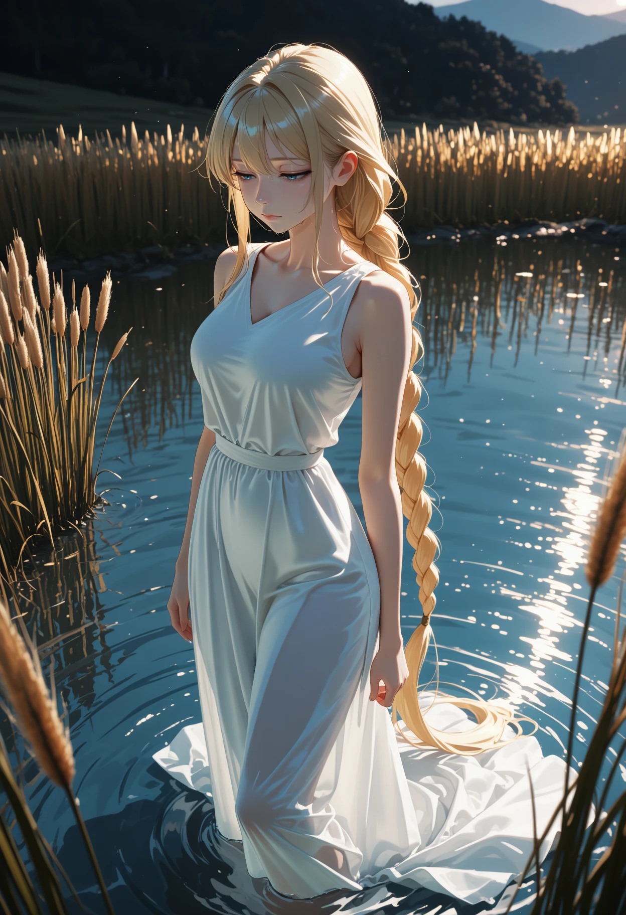 masterpiece,best quality,amazing quality,very aesthetic,absurdres, newest, anime coloring, 1girl, standing, wading, half-closed eyes, very long hair, blonde hair, blue eyes, closed mouth, white dress long dress, sleeveless, outdoors, morning, dark, from above, ponytail, braided ponytail, very long ponytail, reeds