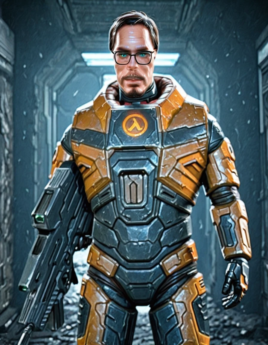 xm29, assault riffle, holding weapon, looking at viewer, gordonfreeman, power armor, glasses, realistic, solo