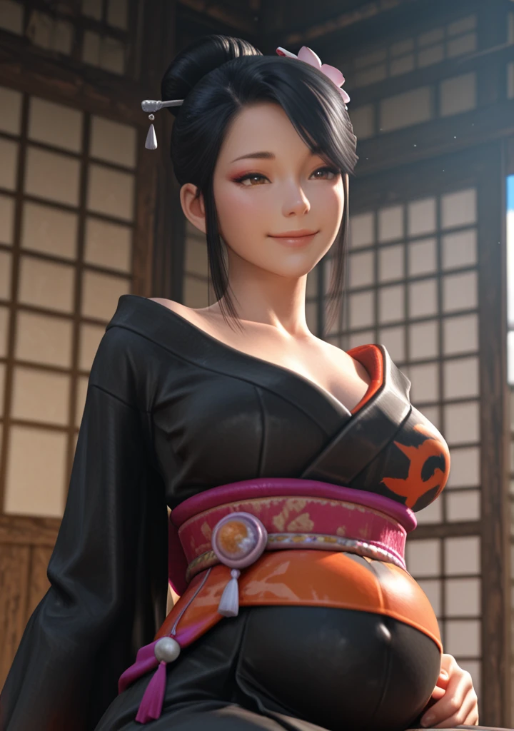 masterpiece, best quality, amazing quality, very aesthetic, high resolution, ultra-detailed, absurdres, newest, scenery, 3D, rendered, BREAK, depth of field, volumetric lighting,realistic,
1girl, japanese, nohime, black hair, hair ornament, single hair bun, hair flower, hair bun, hair stick,face focus, brown eyes, japanese clothes, kimono, black kimono, obi, sash, sitting, pregnant, smile, head upward, looking at blue sky, home, sengoku, sunshine, dynamic light, close-up, face focus