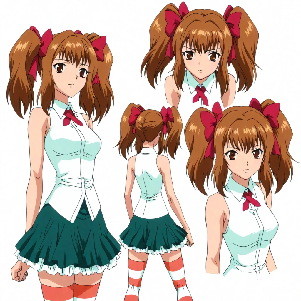 masterpiece,high score,great score,absurdres,anime coloring,looking at viewer,solo,<lora:character_Sheet_XL:0.5> character sheet, multiple views, white background,<lora:SayakaYukimura hassakuill30:1> sayakayukimura, brown hair, twintails, hair bow, brown eyes,sleeveless shirt,ribbon,green skirt,striped thighhighs,