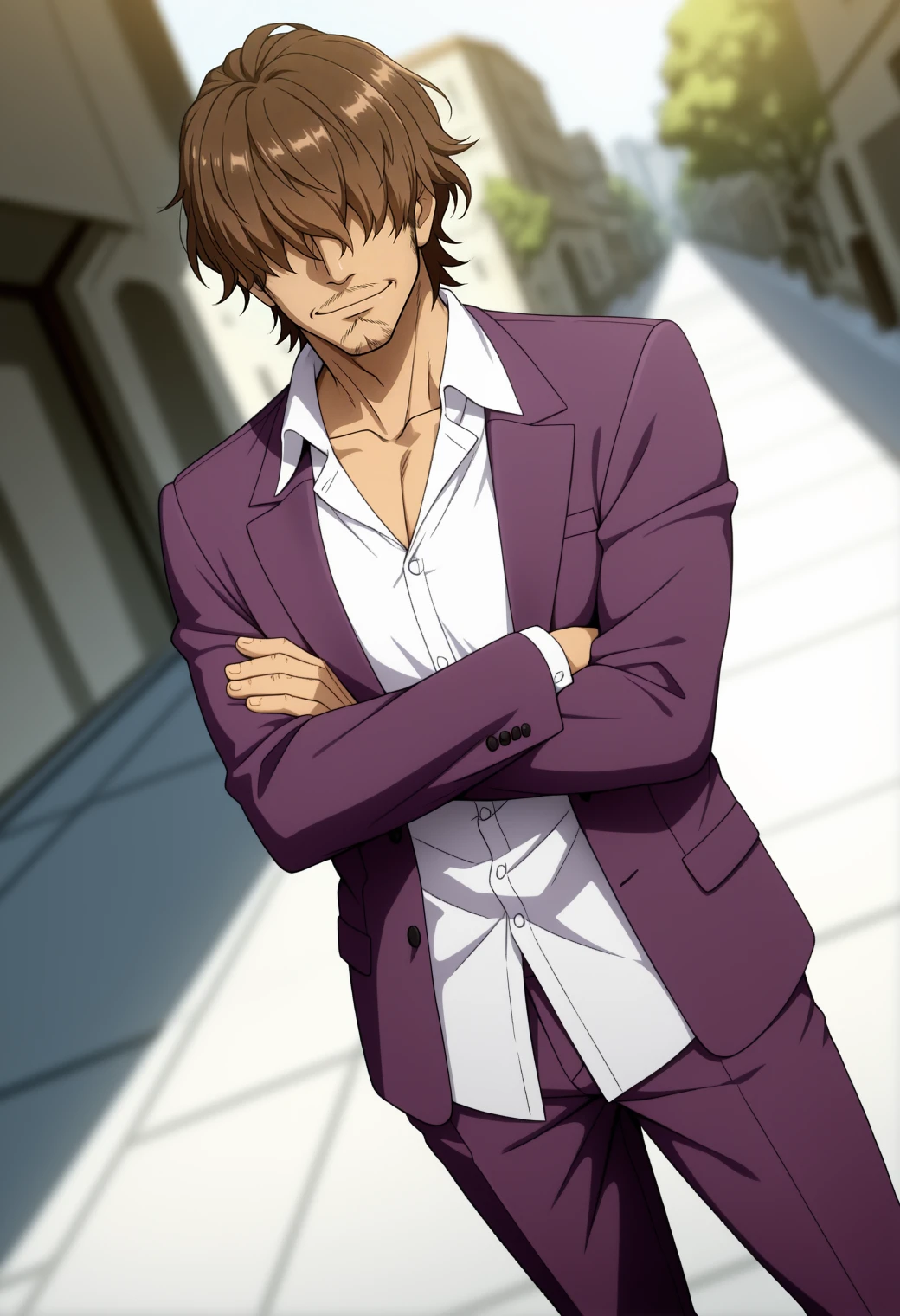masterpiece,best quality,
(anime screencap:0.6),
1boy,(manly:0.7),
m1y4j1,brown hair,(hair over eyes:0.7),mustache stubble,goatee stubble,
smile,
purple suit,open jacket,collarbone,white shirt,collared shirt,long sleeves,untucked shirt,
purple pants,
crossed arms,
(dutch angle:1.1),
depth of field,blurry background,atmospheric perspective,blurry background,
<lora:miyachi_iwao_NAI_EPS_1_1_CAME_v1_rev3:1>,âââ