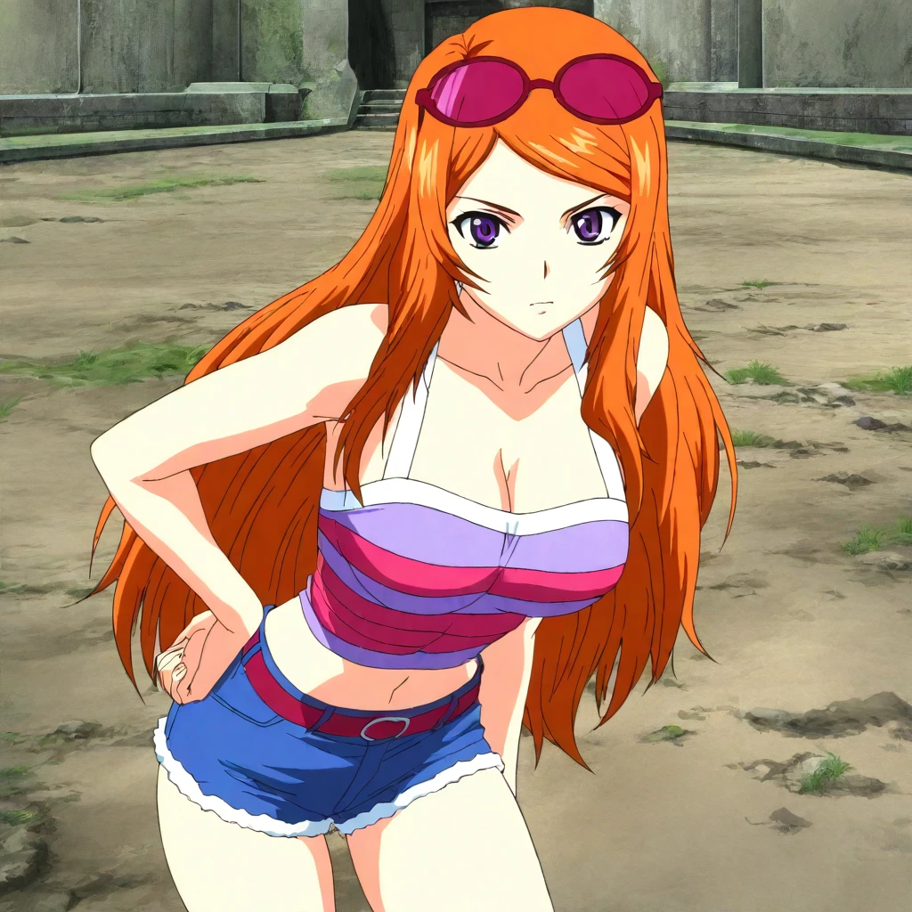 masterpiece,high score,great score,absurdres,anime coloring,anime screenshot,looking at viewer,solo,cowboy_shot,<lora:SakiShindou hassakuill30:1> sakishindou, orange hair, long hair, purple eyes, eyewear on head,crop top,cleavage,shorts,