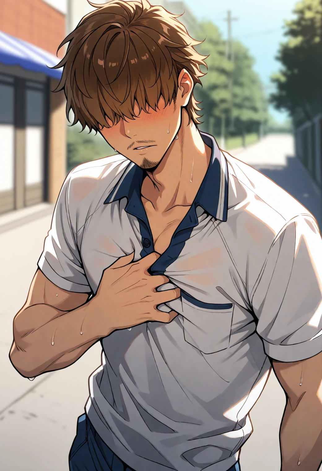 masterpiece,best quality,
1boy,(manly:0.7),
m1y4j1,brown hair,mustache stubble,goatee stubble,hair over eyes,
polo shirt,short sleeves,
collarbone,(sweat:0.7),blush,
clutching chest,
looking at viewer,parted lips,
outdoors,day,
depth of field,blurry background,atmospheric perspective,
<lora:miyachi_iwao_NAI_EPS_1_1_CAME_v1_rev3:1>,âââ,âââ