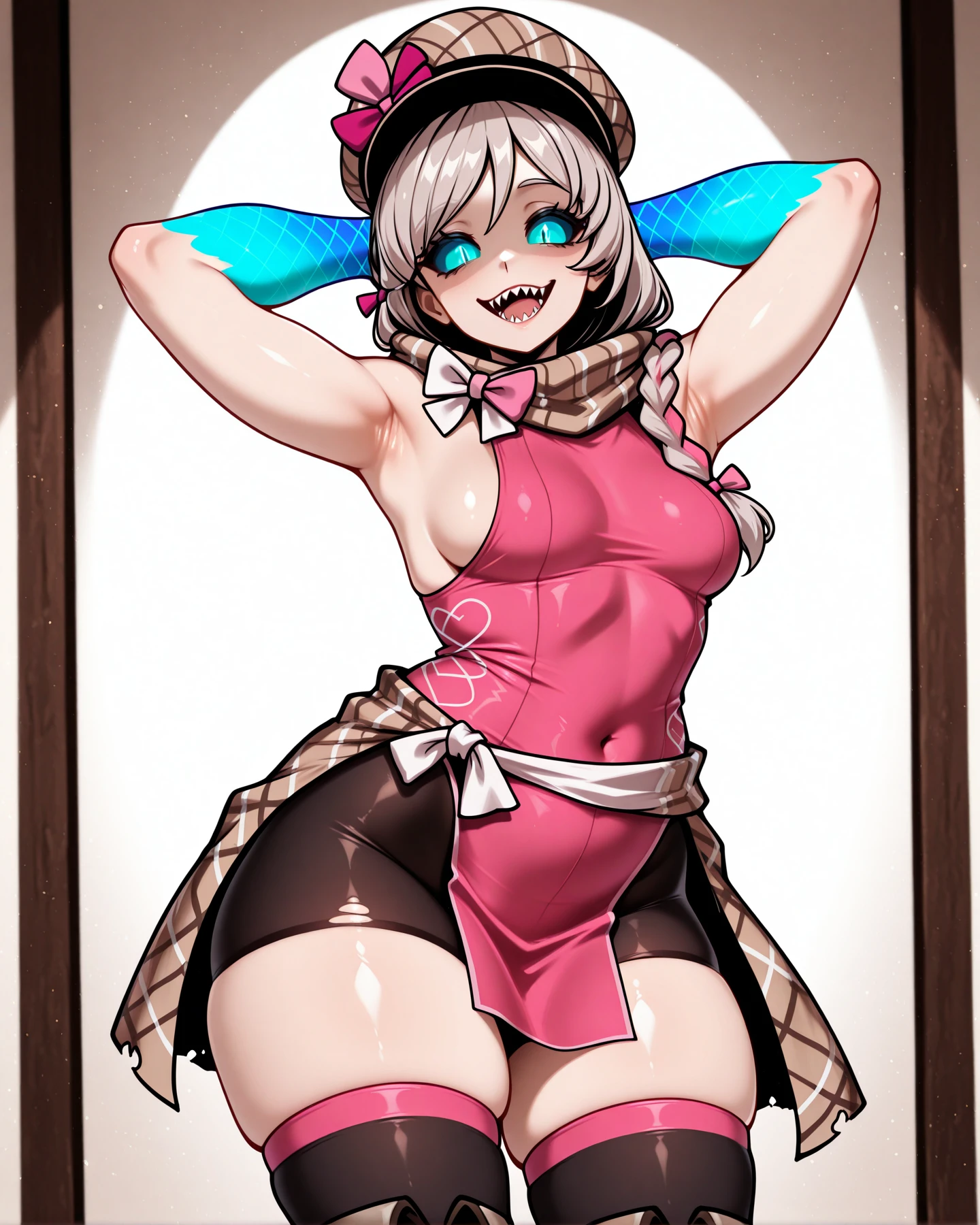 <lora:LECO-mature_female_XL(ill)v11:1> , <lora:Curvier:1> plump, thick thighs, wide hips, curvy,
<lora:CuriousCatPossession:1> CurCatPos, glowing eyes, blue colored sclera, white slit pupils, (checkered pattern blue arms, blue colored arms, bare arms, exposed arms, blue sharp claws:1.3), sharp teeth, possessed, torn clothes,
<lora:FrammeEngage:1> FrammeFE, grey hair, bangs, side braid, bangs, pink bow, medium breasts, plaid scarf, hot pink sleeveless top, sideboob, bare shoulders, pelvic curtain, plaid sweater around waist, bike shorts, pink trim, black thighhighs, brown knee boots, plaid brown hat,, IllusP0s, masterpiece, best quality, amazing quality, very aesthetic, absurdres, newest, Smooth_Quality