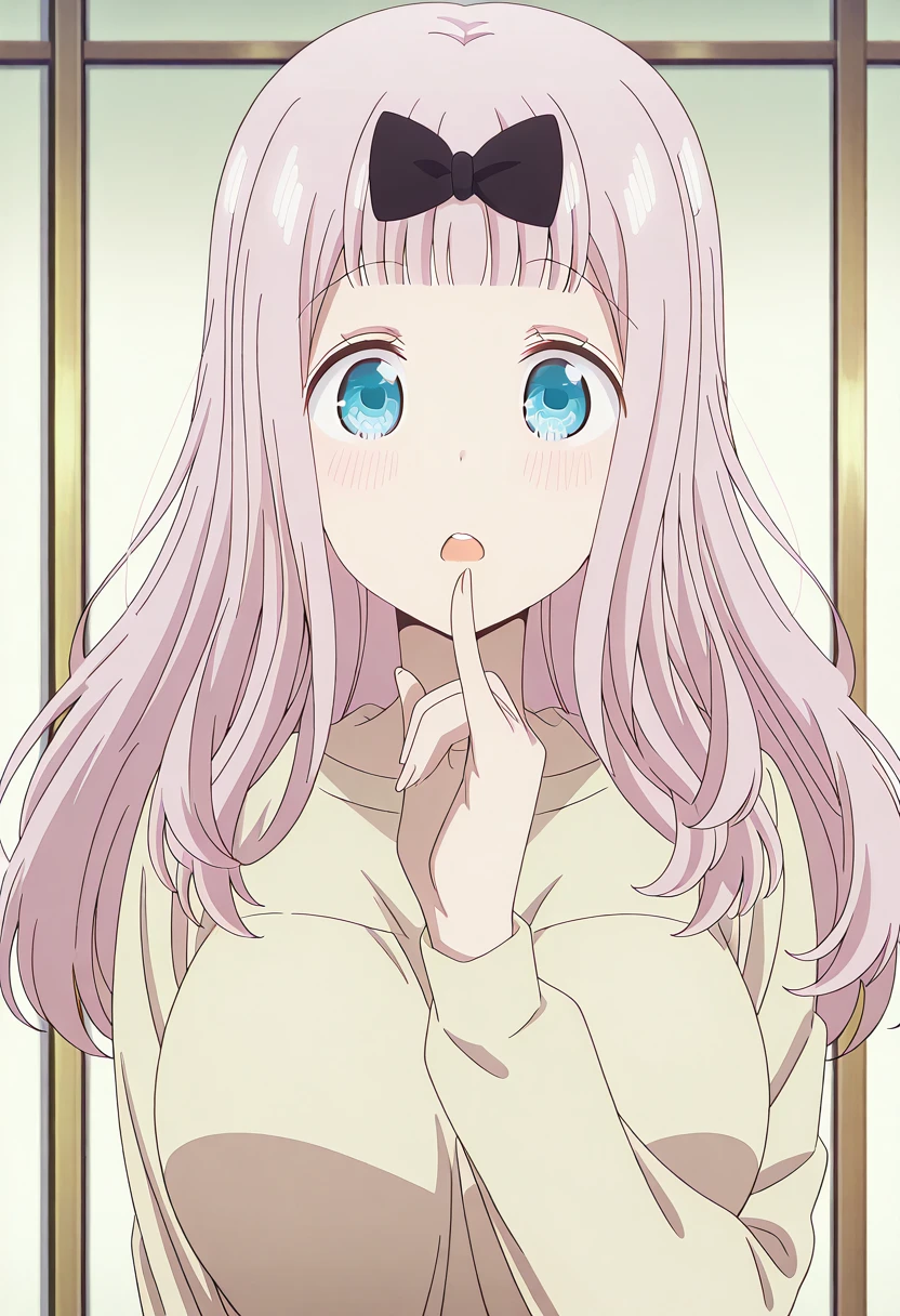 masterpiece, best quality, amazing quality,, <lora:chika-fujiwara-s3-illustriousxl-lora-nochekaiser:1>, chika fujiwara, fujiwara chika, long hair, bangs, blue eyes, bow, pink hair, hair bow, blunt bangs, black bow, mature female, large breasts, anime screencap, <lora:gotoubunnohanayome-vol11-illustriousxl-lora-nochekaiser:1>, gotoubunnohanayome vol11, solo, looking at viewer, blush, open mouth, upper body, parted lips, teeth, hand up, upper teeth only, straight-on, pinky to mouth, pinky out,, , ,