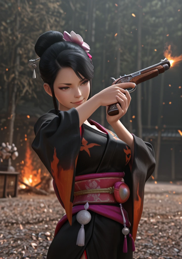 masterpiece, best quality, amazing quality, very aesthetic, high resolution, ultra-detailed, absurdres, newest, scenery, 3D, rendered, BREAK, depth of field, volumetric lighting,realistic,
1girl, japanese, nohime, black hair, hair ornament, single hair bun, hair flower, hair bun, hair stick,face focus, brown eyes, japanese clothes, kimono, black kimono, obi, sash, two gun, holding, two handgun, antique firearm, open fire, firing gun, aiming gun, shooting pose, smug, japanese soldiers, sengoku