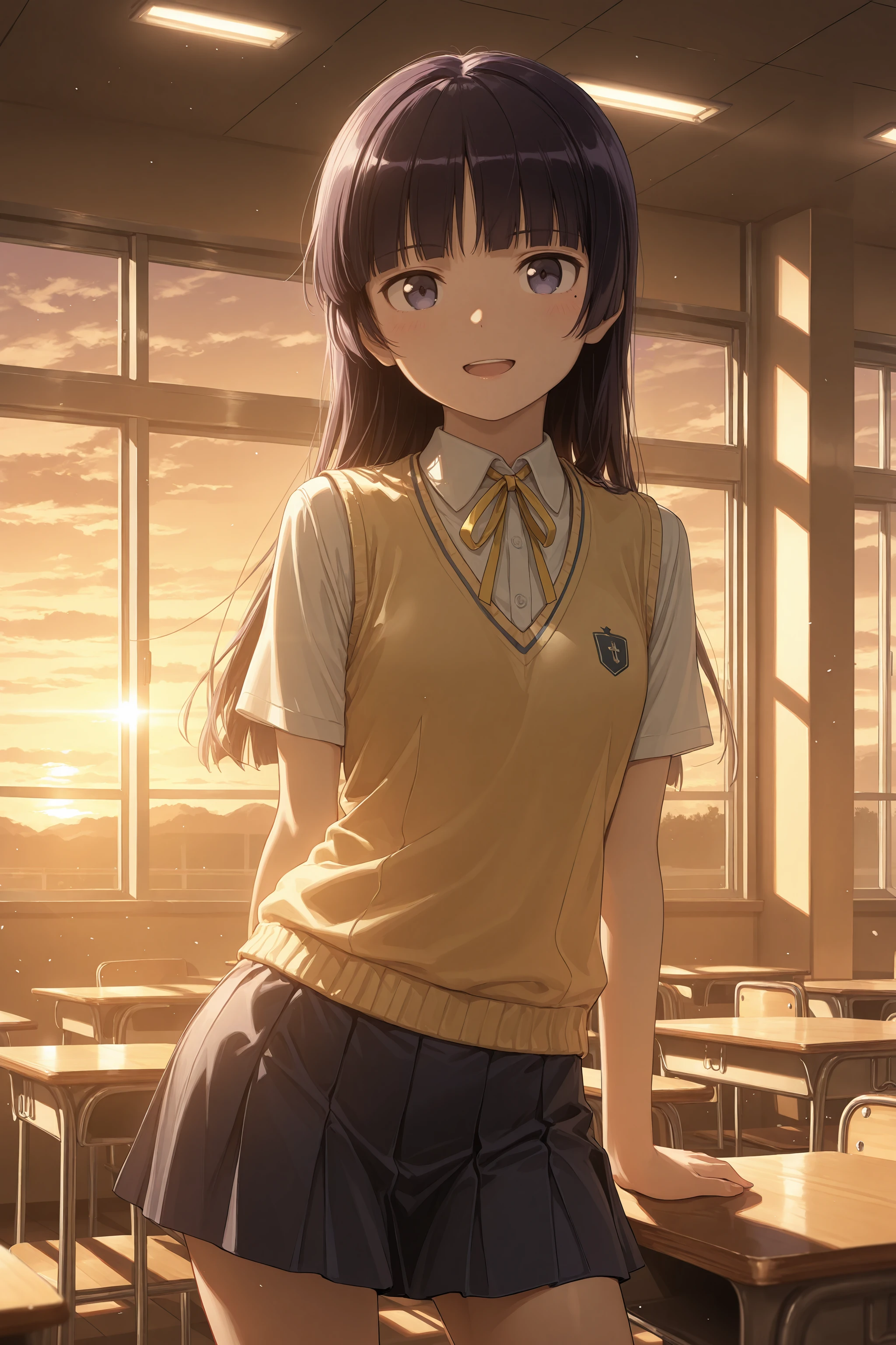 1girl, gokou ruri, solo, yellow neck ribbon, white collared shirt, yellow sweater vest, blue miniskirt, standing, contrapposto, cowboy shot, looking at viewer, smile, open mouth, sunset, classroom, school desk, window, backlighting, depth of field <lora:Char-Gokou_Ruri-V1-IL:0.9:hr=0.6>
masterpiece, best quality, amazing quality, very awa,absurdres,newest,very aesthetic, highres, (scenery, volumetric lighting), high contrast, photorealistic, <lora:IL-Cunny:0.8:hr=0>, <lora:IL-Dramatic_Lighting_Slider:2.5:hr=0>
