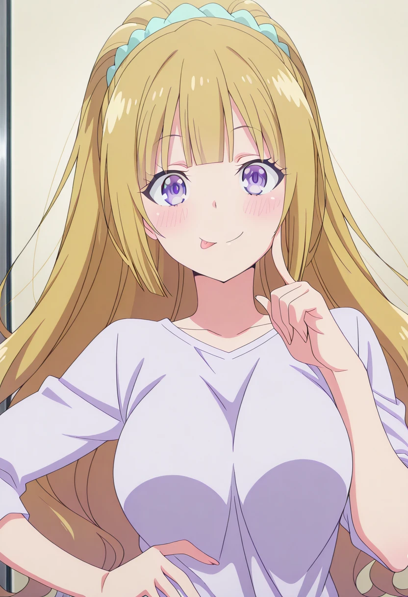 masterpiece, best quality, amazing quality,, <lora:kei-karuizawa-s2-v2-illustriousxl-lora-nochekaiser:1>, kei karuizawa, long hair, bangs, blunt bangs, purple eyes, blonde hair, hair ornament, ponytail, scrunchie, blue scrunchie, mature female, medium breasts, anime screencap,, <lora:gotoubunnohanayome-vol8-illustriousxl-lora-nochekaiser:1>, gotoubunnohanayome vol8, solo, looking at viewer, blush, smile, upper body, tongue, tongue out, :p, finger to cheek, hand on own hip,, , ,