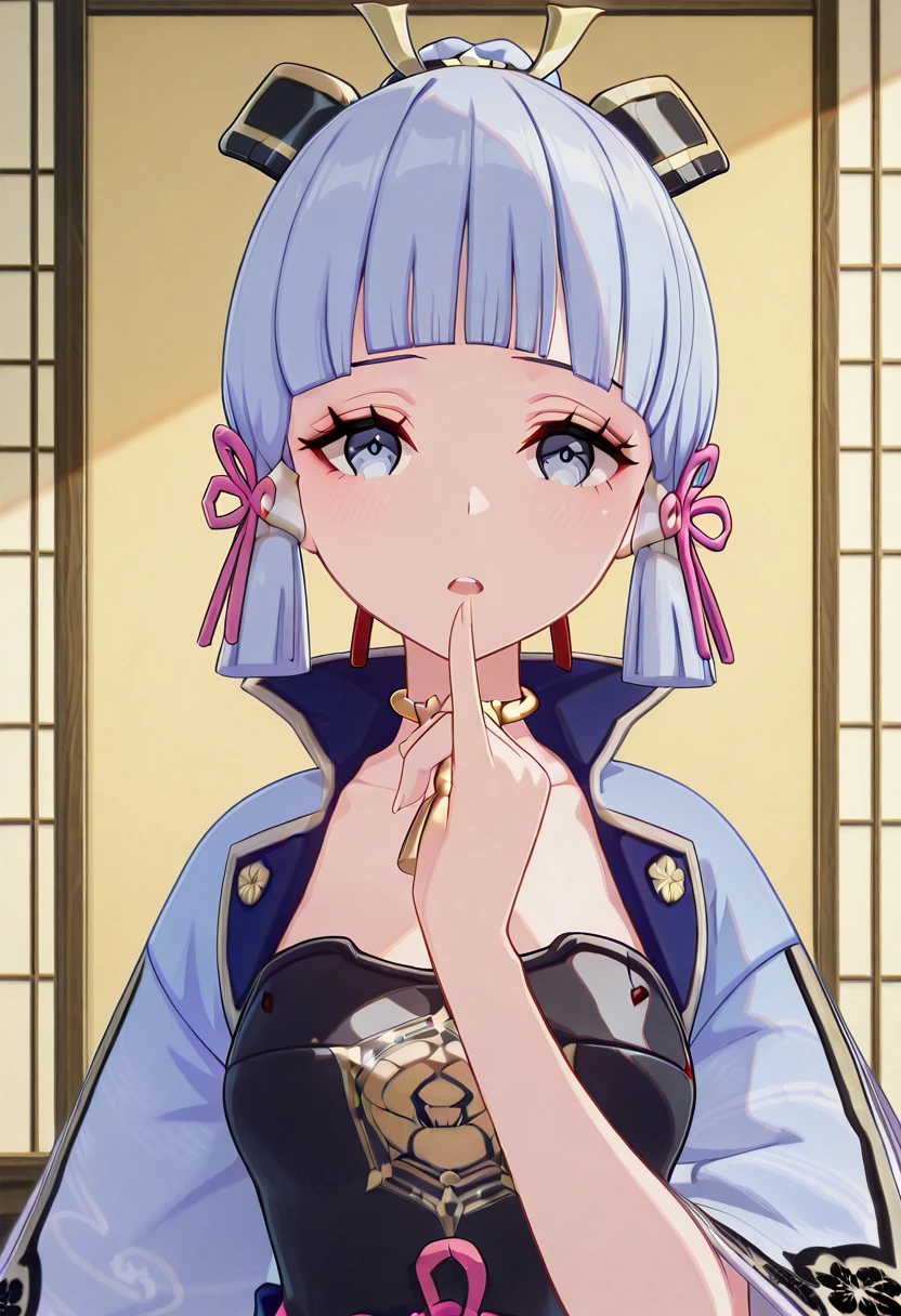 masterpiece, best quality, amazing quality,, <lora:genshin-ayaka-kamisato-ingame-illustriousxl-lora-nochekaiser:1>, ayaka kamisato, kamisato ayaka, blunt bangs, blue eyes, blue hair, hair ornament, hair ribbon, hair tubes, long hair, ponytail, tress ribbon, mature female, medium breasts, 3d,, <lora:gotoubunnohanayome-vol11-illustriousxl-lora-nochekaiser:1>, gotoubunnohanayome vol11, solo, looking at viewer, blush, open mouth, upper body, parted lips, teeth, hand up, upper teeth only, straight-on, pinky to mouth, pinky out,, , ,