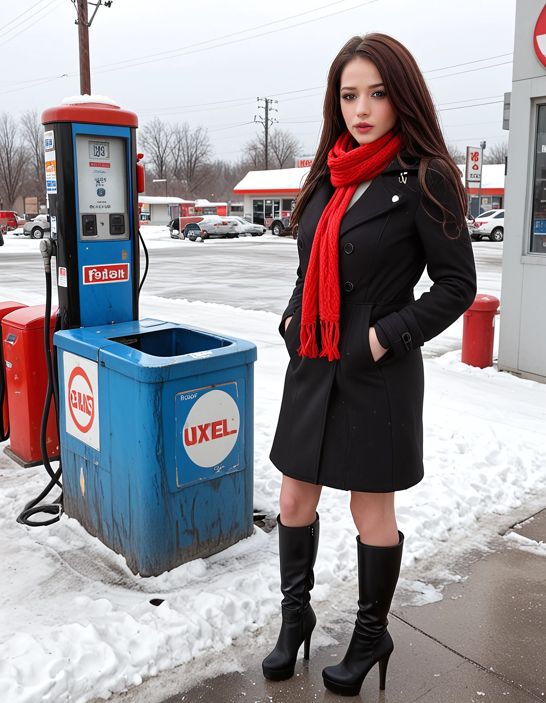 Description: exitrosie face details, lips,eyelashes, winter coat, gas station, snow on ground, dumpster, gas pumps, scarf, steam, high heel boots, long hair