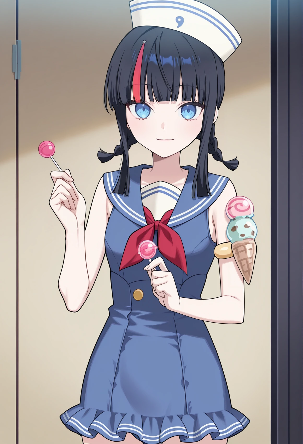 anime screencap, 1girl, 1girl, black hair, streaked hair, blue eyes, medium hair, sidelocks, twin braids, hat, serafuku collar, Dress Swimsuit, armlet, Single Wrist Cuff, ice cream cone armlet, light smile, cowboy shot, holding lollipop, offering lollipop to viewer <lora:Erice_illus:1>, masterpiece, best quality, amazing quality, very aesthetic, absurdres, highres, newest