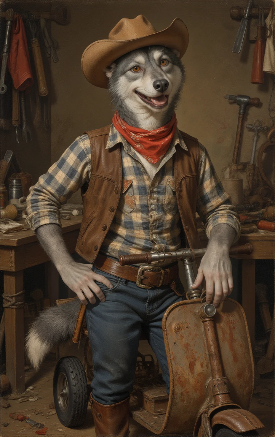 Rembrandt van Rijn style UHD, 8K, ultra detailed, a cinematic photograph of cinematic still photorealistic Realistic portrait of a young, scrappy grey wolf with intelligent, mischievous amber eyes and a confident grin. He wears a slightly battered miniature cowboy hat tilted back on his head, a faded red bandana around his neck, and a rugged brown leather vest over a patched-up plaid shirt â the uniform of a forest tinkerer. One paw rests casually on his rusty, handmade scooter (âLightning-3000â), the other on his hip â posture of a mechanic whoâs proud of his chaotic inventions. Background: a cluttered forest workshop with tools, spare parts, and half-finished contraptions scattered around. Style: detailed character portrait, cinematic lighting with warm sunset tones, shallow depth of field. Capture his resourceful, humorous, slightly rebellious spirit â a wolf who fixes whatâs broken, rides what shouldnât be ridden, and always shows up when his friends need him.
--ar 3:4 --v 6 , <lora:timokha:1> . highly detailed, lifelike, precise, accurate . emotional, harmonious, vignette, highly detailed, high budget, bokeh, cinemascope, moody, epic, gorgeous, film grain, grainy, beautiful lighting, great composition . Baroque, self-portrait, chiaroscuro, etching, "Rococo