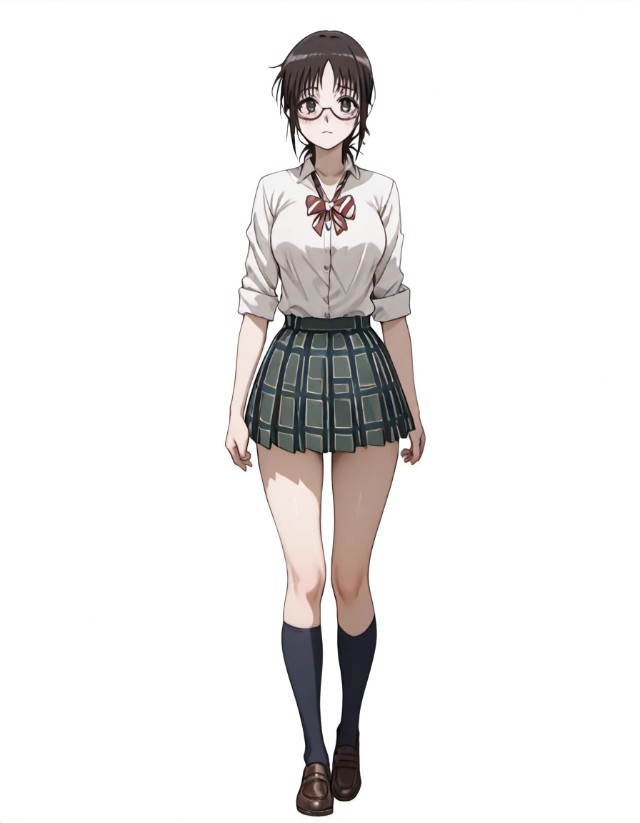 masterpiece, best quality, absurdres, <lora:nomura_taeko_IL_r1:1>, taeko_(coppelion), solo, 1girl, single, only_one, one_person, glasses, brown hair, ponytail, school uniform, white shirt, plaid skirt, green skirt, pleated skirt, ribbon, kneehighs, loafers, on a plain white background, studio background, simple_background, standing, eye-level shot, straight-on front view, full body, standing, looking_at_viewer,