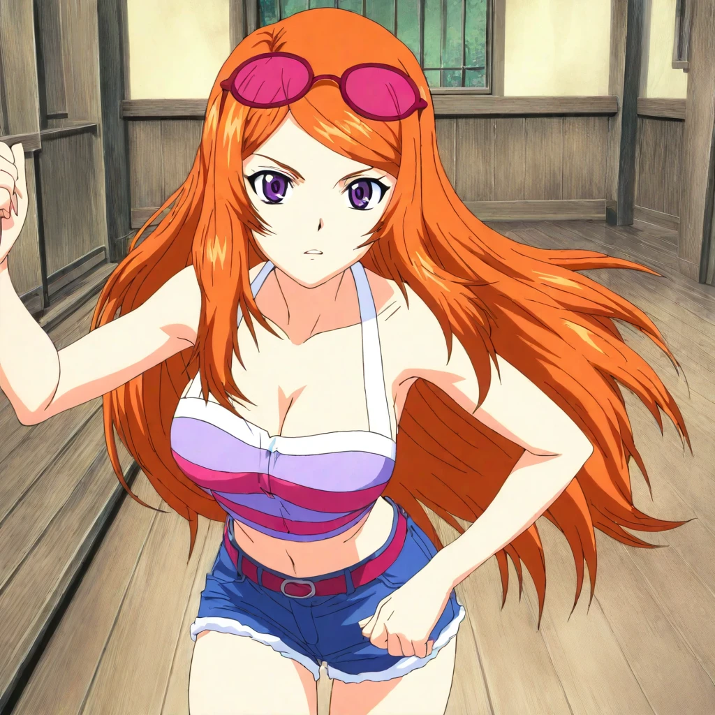 masterpiece,high score,great score,absurdres,anime coloring,anime screenshot,looking at viewer,solo,<lora:SakiShindou hassakuill30:1> sakishindou, orange hair, long hair, purple eyes, eyewear on head,crop top,cleavage,shorts,