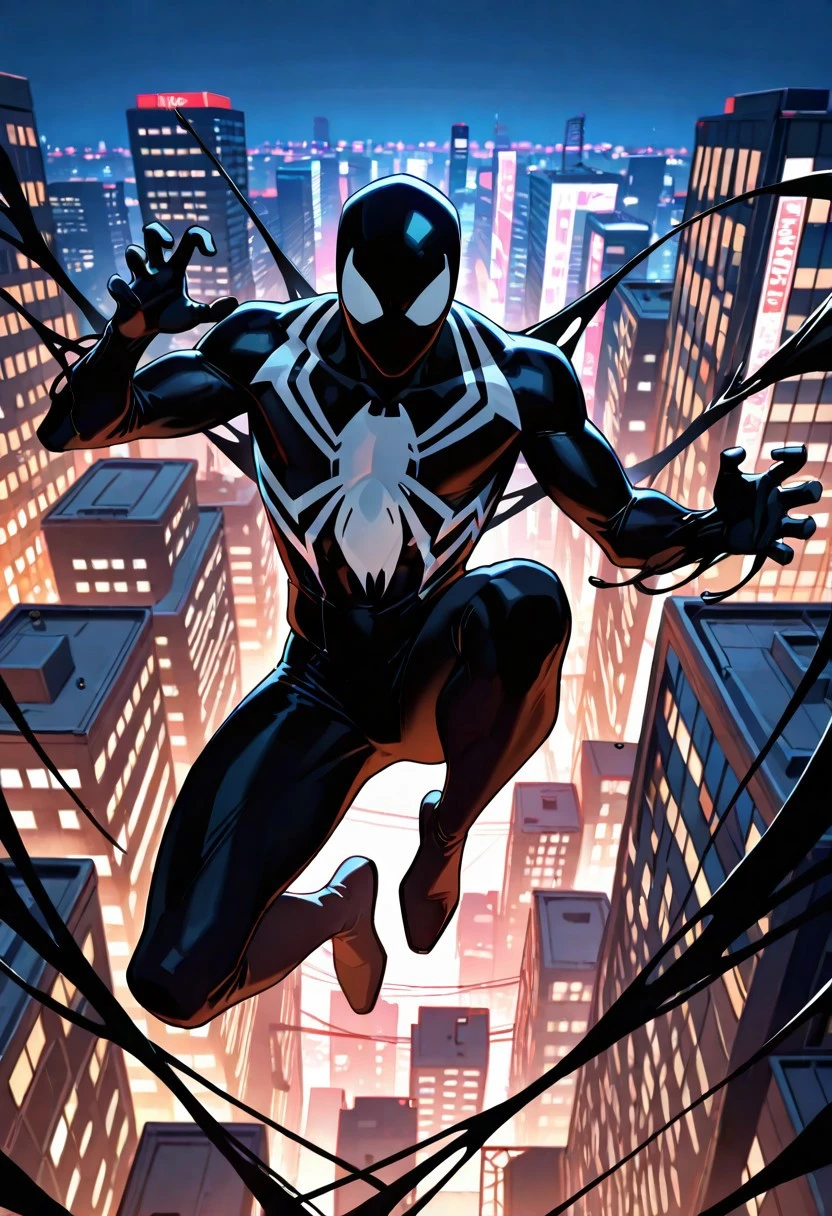 blacksuitspider_2017/(marvel)IL, symbiote, blacksuit, 1boy, solo, muscular, mask, , spiderprint,
front view, superhero pose. jumping,
masterpiece, best quality, amazing quality, very aesthetic, highres, absurdres
night city,
4k, best quality, highly detailed, lights details, high resolution, high quality, perfect quality, vivid color, vibrant, highly detailed,