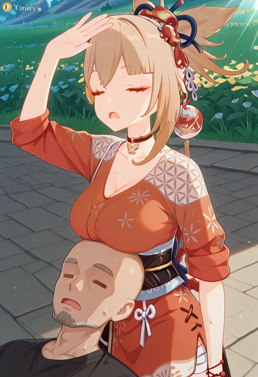 masterpiece, best quality, amazing quality,, <lora:genshin-yoimiya-ingame-illustriousxl-lora-nochekaiser:1>, yoimiya, yoimiya (genshin impact), bangs, blonde hair, hair ornament, hair between eyes, ponytail, sidelocks, orange eyes, light brown hair, mature female, medium breasts, 3d,, <lora:getsuyoubinotawawa-551-illustriousxl-lora-nochekaiser:1>, getsuyoubinotawawa 551, open mouth, shirt, skirt, 1boy, closed eyes, sweat, arm up, sleeping, sleeves rolled up, = =, breast rest, breasts on head, hot, sunlight, shadow, outdoors, faceless, faceless male, bald, mature male,, faceless, faceless male, bald, mature male,, , solo