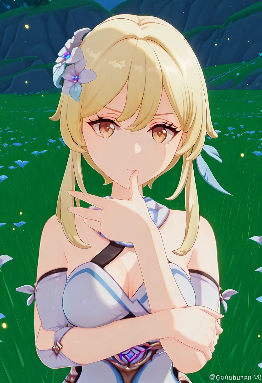 masterpiece, best quality, amazing quality,, <lora:genshin-lumine-ingame-illustriousxl-lora-nochekaiser:1>, lumine, lumine (genshin impact), bangs, blonde hair, hair ornament, hair between eyes, yellow eyes, flower, hair flower, feather hair ornament, mature female, medium breasts, 3d,, <lora:gotoubunnohanayome-vol7-illustriousxl-lora-nochekaiser:1>, gotoubunnohanayome vol7, solo, looking at viewer, upper body, parted lips, hand up, grabbing own arm, thumb on own lips, annoyed,, , ,
