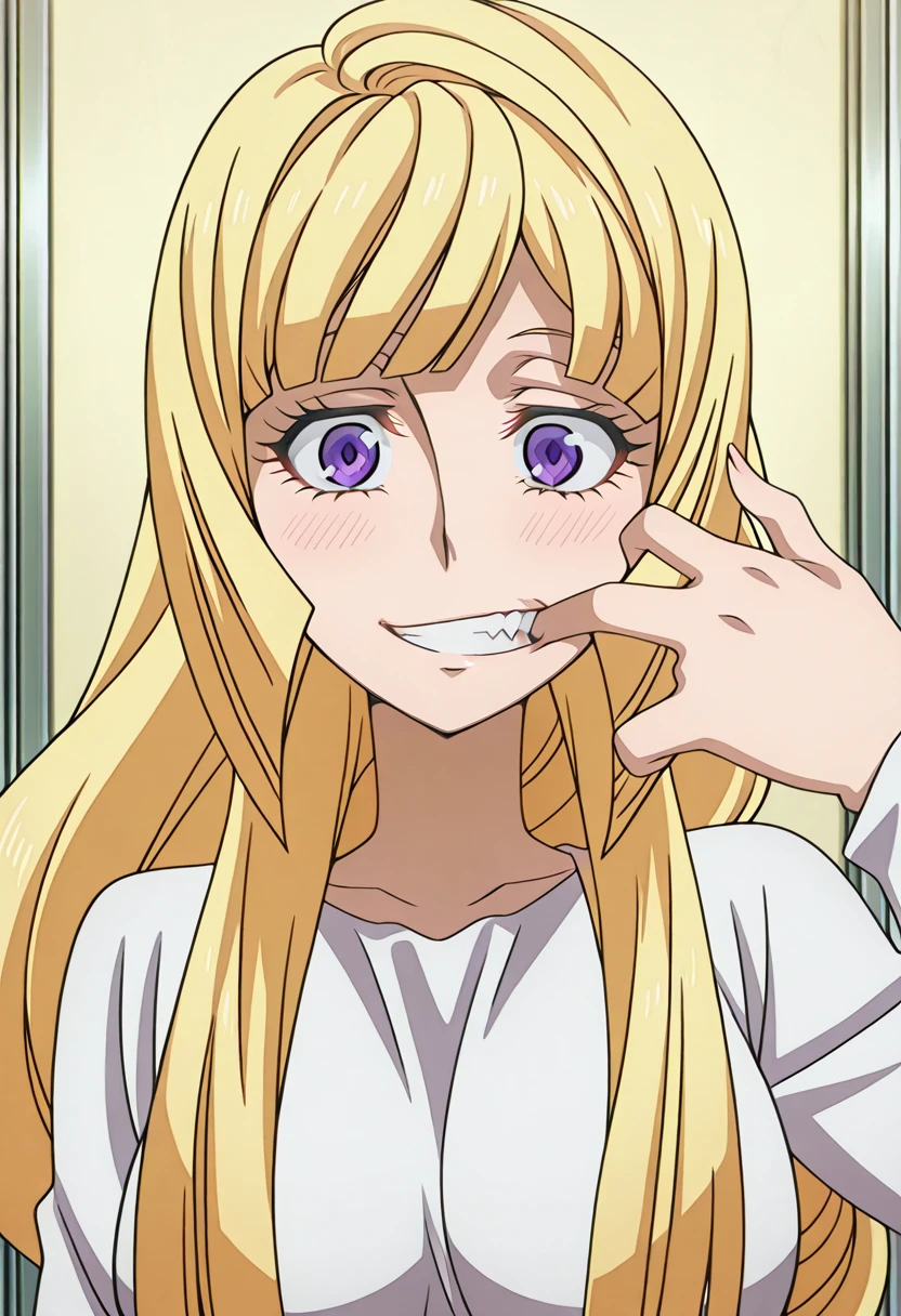masterpiece, best quality, amazing quality,, <lora:kudelia-aina-bernstein-anime-illustriousxl-lora-nochekaiser:1>, kudelia aina bernstein, purple eyes, long hair, blonde hair, bangs, blunt bangs, sidelocks, mature female, medium breasts, anime screencap, <lora:gotoubunnohanayome-vol10-illustriousxl-lora-nochekaiser:1>, gotoubunnohanayome vol10, solo, looking at viewer, blush, smile, upper body, teeth, hand up, grin, straight-on, finger in own mouth, mouth pull,, , ,