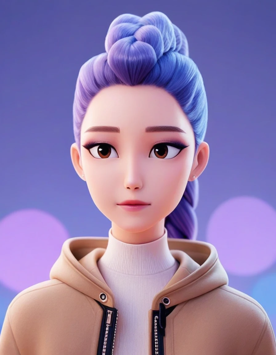 Rumi_XL, braid, braided ponytail, eyeshadow, brown eyes, Rumi_XL, 1girl, solo, jewelry, blue hair, braid, ponytail, earrings, hood, blurry, sweater, gradient background, blurry background, turtleneck, blue background, hood down, portrait, purple background, brown jacket, stud earrings, multicolored background, bokeh, lips, single braid, makeup, depth of field, lipstick, eyeshadow, braided ponytail, red lips, <lora:Rumi_XL-15:0.9>