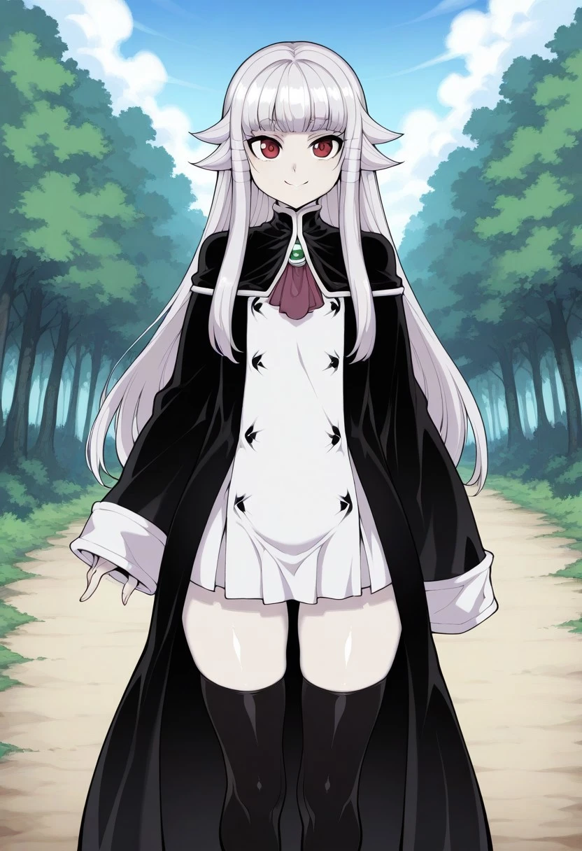 score_9, score_8_up, score_7_up, masterpiece, best quality, amazing quality, cinematic lighting, high definition, 1 girl, hirame, fishine, fishine:0.8, shardanic:0.6,
Anri Hazeworth, (/Yuusha ga Shinda!), red eyes,
pale skin, glossy skin, shiny skin,
Black robe, ascot, white dress, short skirt, large sleeves, long sleeves, bellow finger sleeves, black tighhighs, skindentation,
looking at viewer, timid smile,
standing,
1 girl, solo, detailed background, outdoors, dirt road, trees, forest, sky,