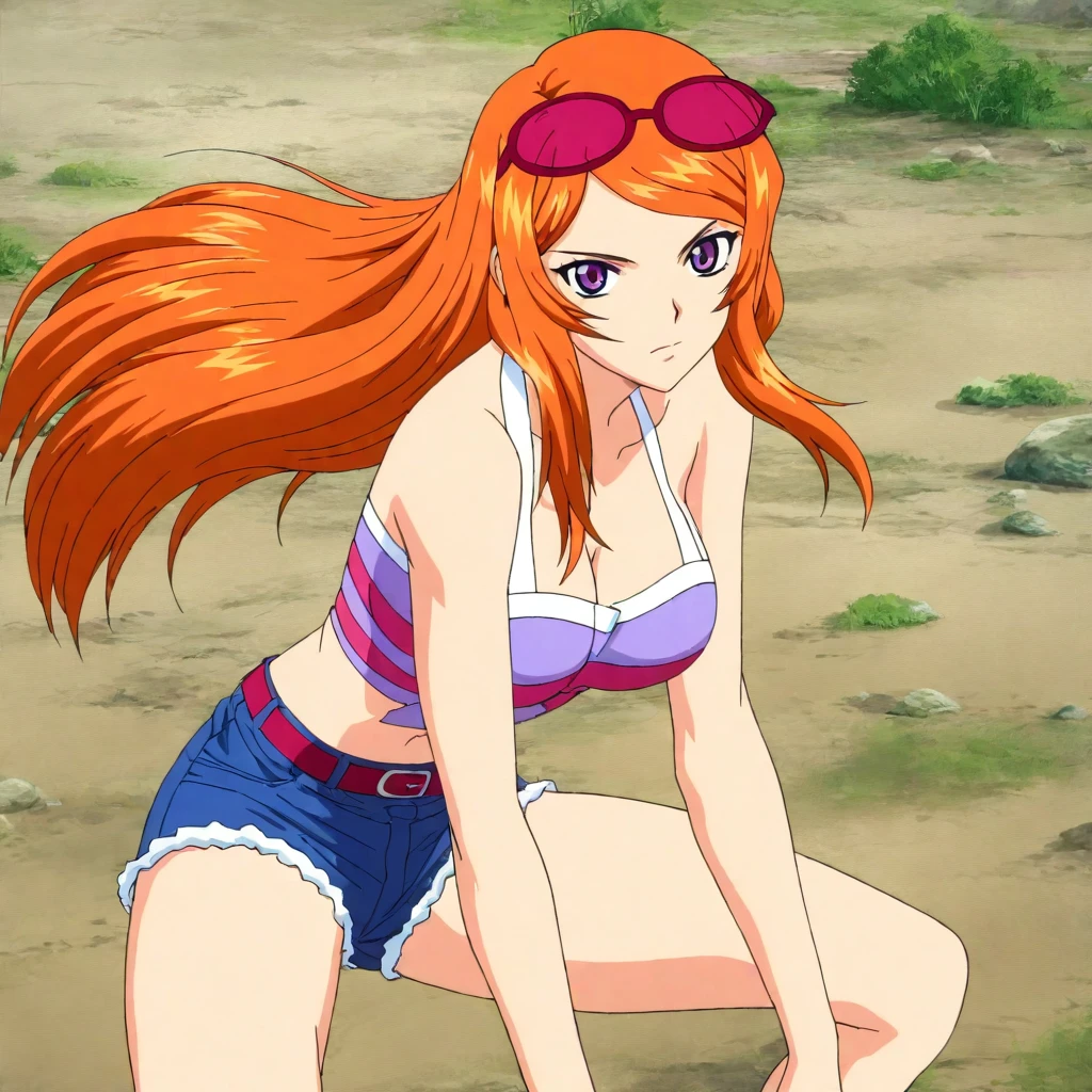 masterpiece,high score,great score,absurdres,anime coloring,anime screenshot,looking at viewer,solo,<lora:SakiShindou hassakuill30:1> sakishindou, orange hair, long hair, purple eyes, eyewear on head,crop top,cleavage,shorts,