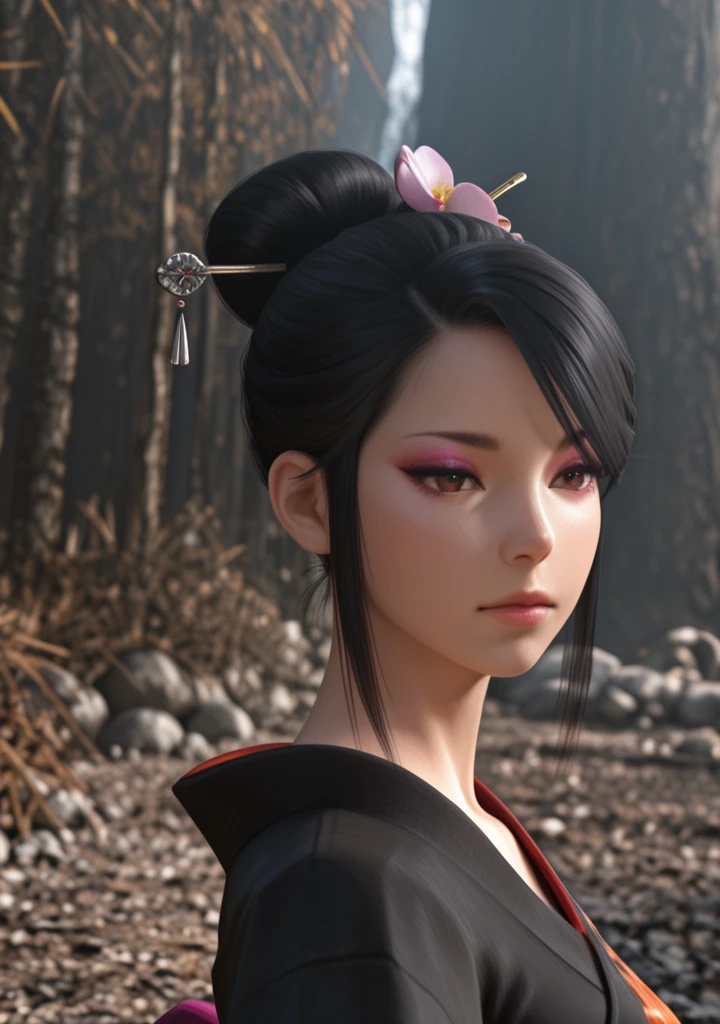 masterpiece, best quality, amazing quality, very aesthetic, high resolution, ultra-detailed, absurdres, newest, scenery, 3D, rendered, BREAK, depth of field, volumetric lighting,realistic,
1girl, nohime, black hair, japanese clothes, kimono, hair ornament, solo, obi, sash, black kimono, eyeshadow, single hair bun, hair flower, leaf print, hair bun, hair stick,face focus, brown eyes, close-up