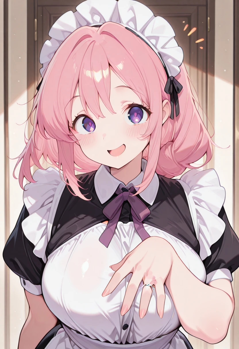 masterpiece, best quality, amazing quality,, <lora:CivChan:1>, CivChan, purple eyes, pink hair, mature female, large breasts, maid headdress,, <lora:gotoubunnohanayome-vol13-illustriousxl-lora-nochekaiser:1>, gotoubunnohanayome vol13, solo, looking at viewer, blush, smile, open mouth, upper body, wedding ring, hand up,, , ,
