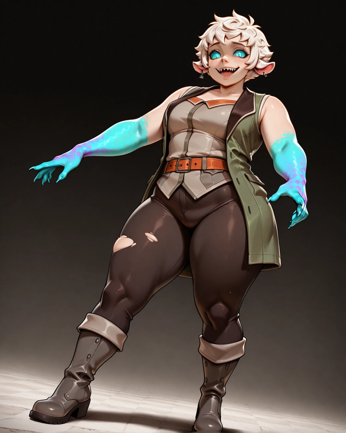 <lora:LECO-mature_female_XL(ill)v11:1> , <lora:Curvier:1> plump, thick thighs, wide hips, curvy,
<lora:CuriousCatPossession:1> CurCatPos, glowing eyes, blue colored sclera, white slit pupils, (checkered pattern blue arms, blue colored arms, bare arms, exposed arms, blue sharp claws:1.3), sharp teeth, possessed, torn clothes,
<lora:FTRITS:1> ftrits, short hair, animal ears, white hair, shirt, jewelry, jacket, earrings, boots, open clothes, belt, pants, brown footwear, black pants, knee boots, green jacket, brown pants, grey footwear, coat, IllusP0s, masterpiece, best quality, amazing quality, very aesthetic, absurdres, newest, Smooth_Quality