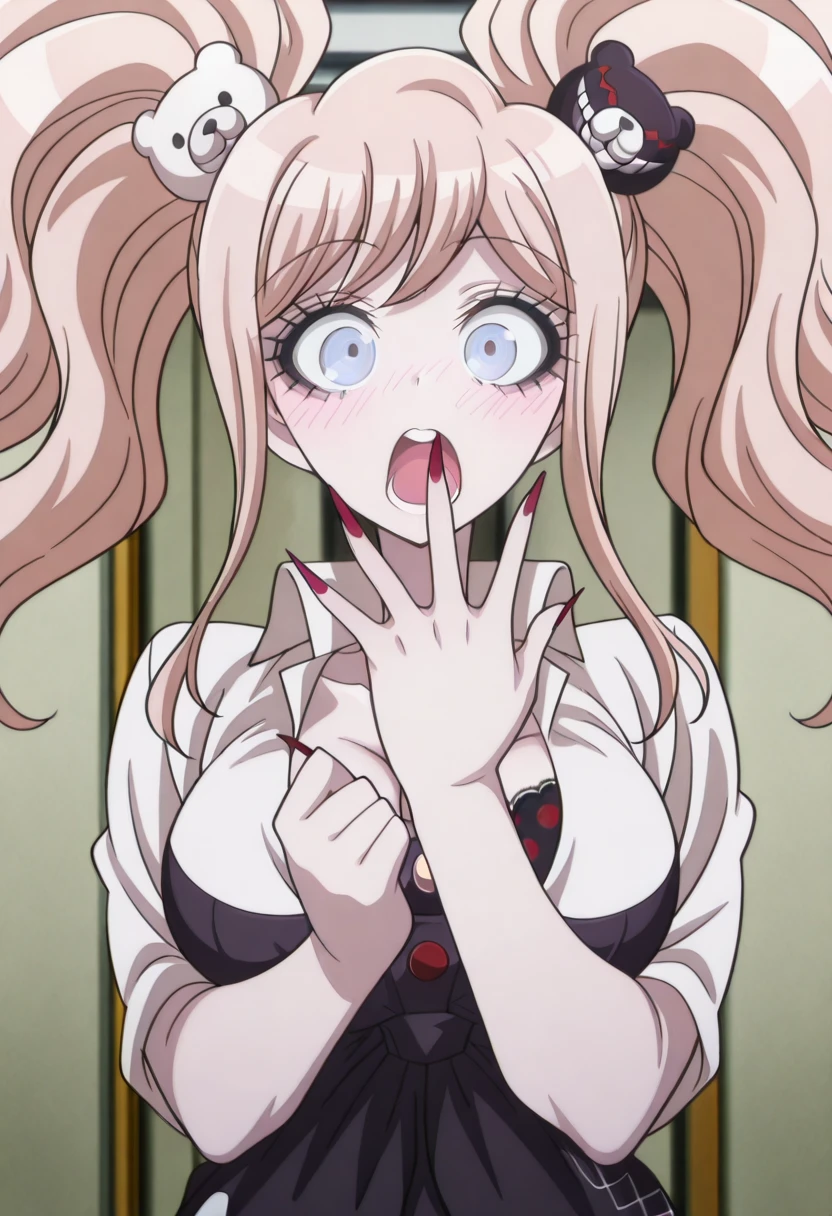 masterpiece, best quality, amazing quality,, <lora:junko-enoshima-s1-illustriousxl-lora-nochekaiser:1>, junko enoshima, enoshima junko, long hair, bangs, blue eyes, pink hair, hair ornament, twintails, bear hair ornament, mature female, large breasts, anime screencap,, <lora:gotoubunnohanayome-vol9-illustriousxl-lora-nochekaiser:1>, gotoubunnohanayome vol9, solo, looking at viewer, blush, open mouth, upper body, teeth, surprised, open hand, hands up,, , ,