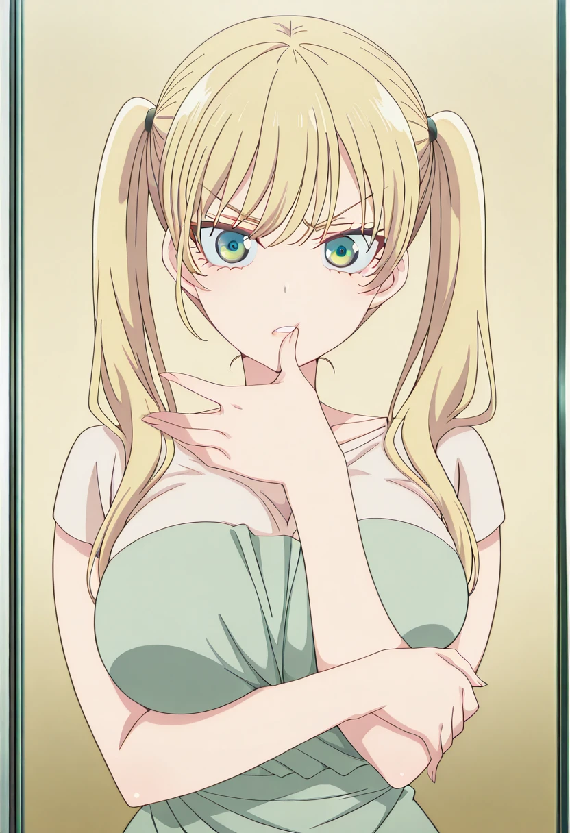 masterpiece, best quality, amazing quality,, <lora:rika-hoshizaki-s2-illustriousxl-lora-nochekaiser:1>, rika hoshizaki, green eyes, blonde hair, twintails, mature female, large breasts, anime screencap, <lora:gotoubunnohanayome-vol7-illustriousxl-lora-nochekaiser:1>, gotoubunnohanayome vol7, solo, looking at viewer, upper body, parted lips, hand up, grabbing own arm, thumb on own lips, annoyed,, , ,