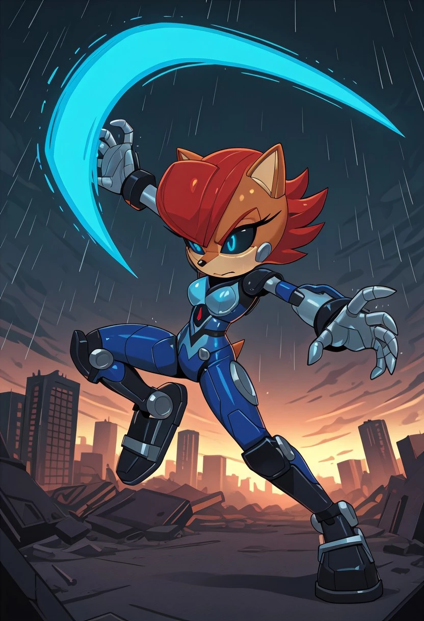 masterpiece, best quality, highres, smooth lighting, cool shading, (Mecha Sally, robot, metal skin, brown skin, peach muzzle, red hair, black sclera, glowing blue pupils, blue armored bodysuit, silver gloves, light blue blades attached to wrists, black knee boots, floating, slashing, battle pose, doing a flip, curvy), medium breasts, ruined city, destroyed city, thunderstorm, dark sky, raining