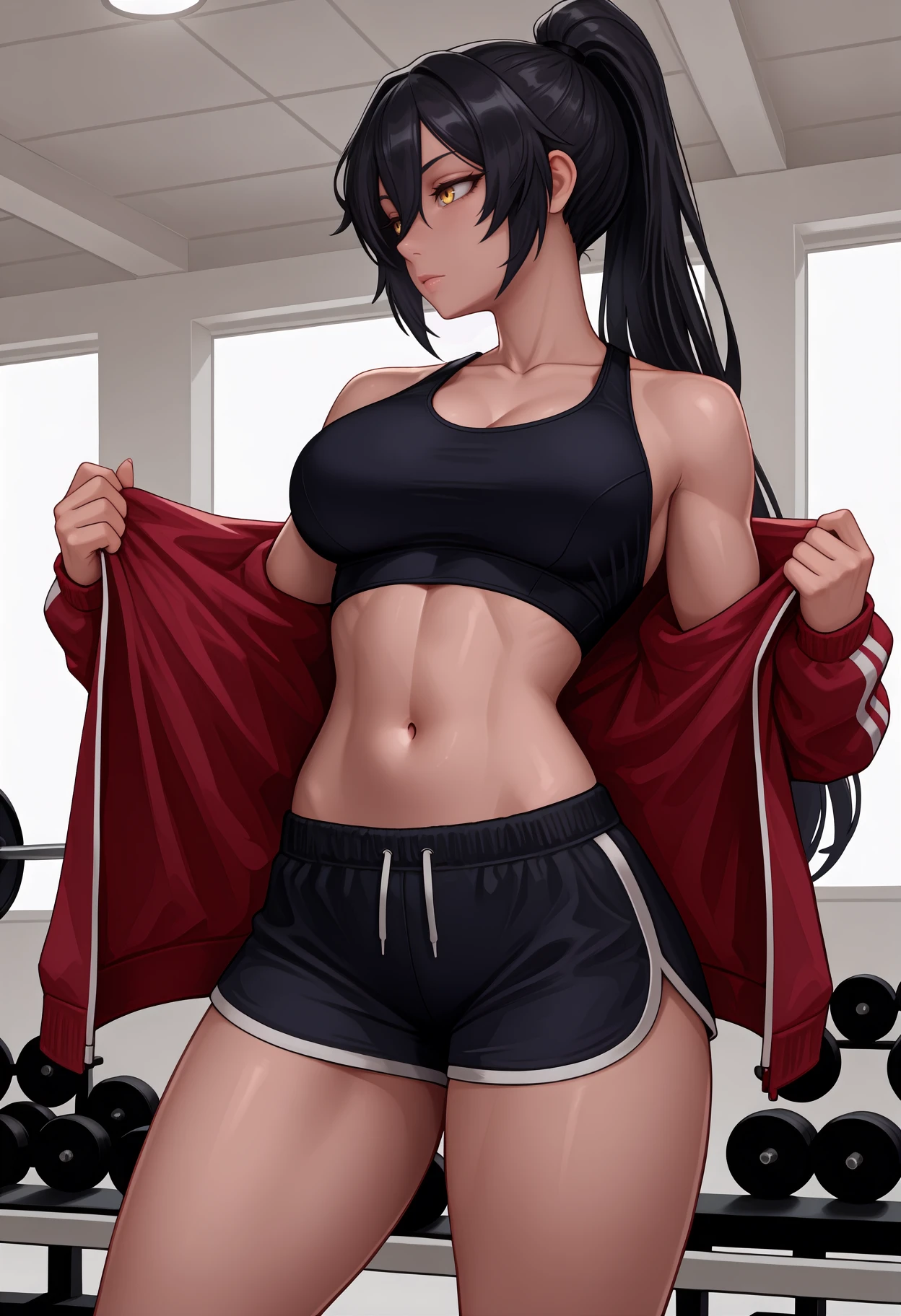 newest, , solo, 1girl, looking away, standing, , removing jacket, long hair, black hair, hair between eyes, high ponytail, yellow eyes, red jacket, track jacket, open jacket, long sleeves, black sports bra, black shorts, dolphin shorts, short shorts,  shoulders, collarbone, stomach, navel, , indoors, gym, weights
<segment:yolo-Anzhc Face seg 640 v3 y11n.pt,0.5,0.5//cid=11>