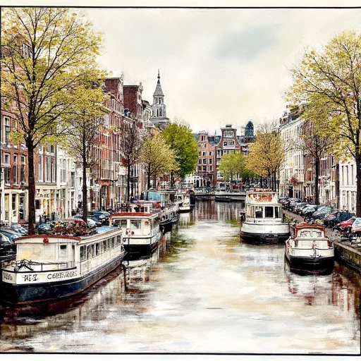 with several boats moored along it. In the background, A watercolor painting of a busy city street. The street is lined with tall buildings on both sides, A painting of a canal in Amsterdam, one curved and one straight, orange, appearing to be a two-story structure. Several shops and restaurants line the street