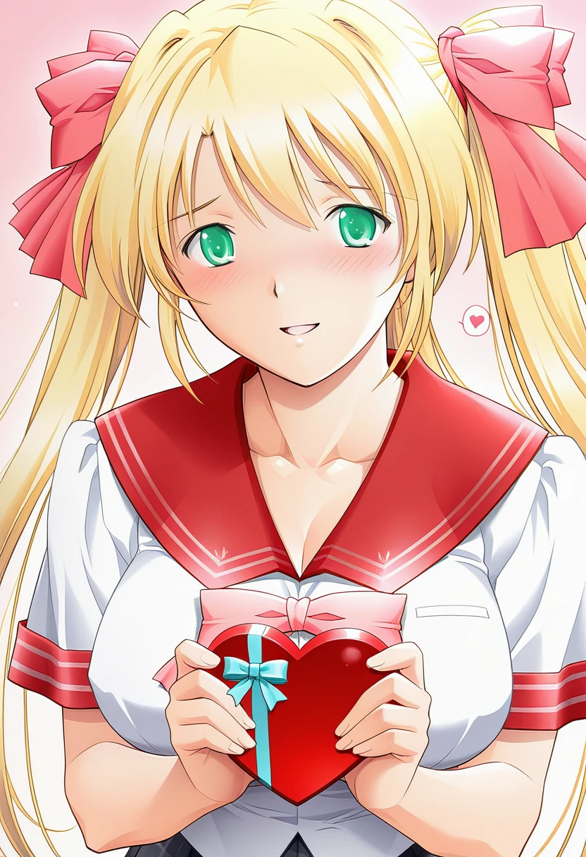 masterpiece, best quality, amazing quality, very aesthetic, absurdres, ultra detailed
1girl, solo, ak3h1me_sak1, blonde hair, green eyes, twintails BREAK  school uniform, pink bow, red sailor collar, plaid skirt, black skirt, 
 lovestruck, shy, happy, parted lips, grateful, blush, looking at viewer, spoken heart, standing, holding heart gift, gradient background, pink background, front view, upper body, ultra detailed, best hands <lora:akehime saki v1.0-000012:1>