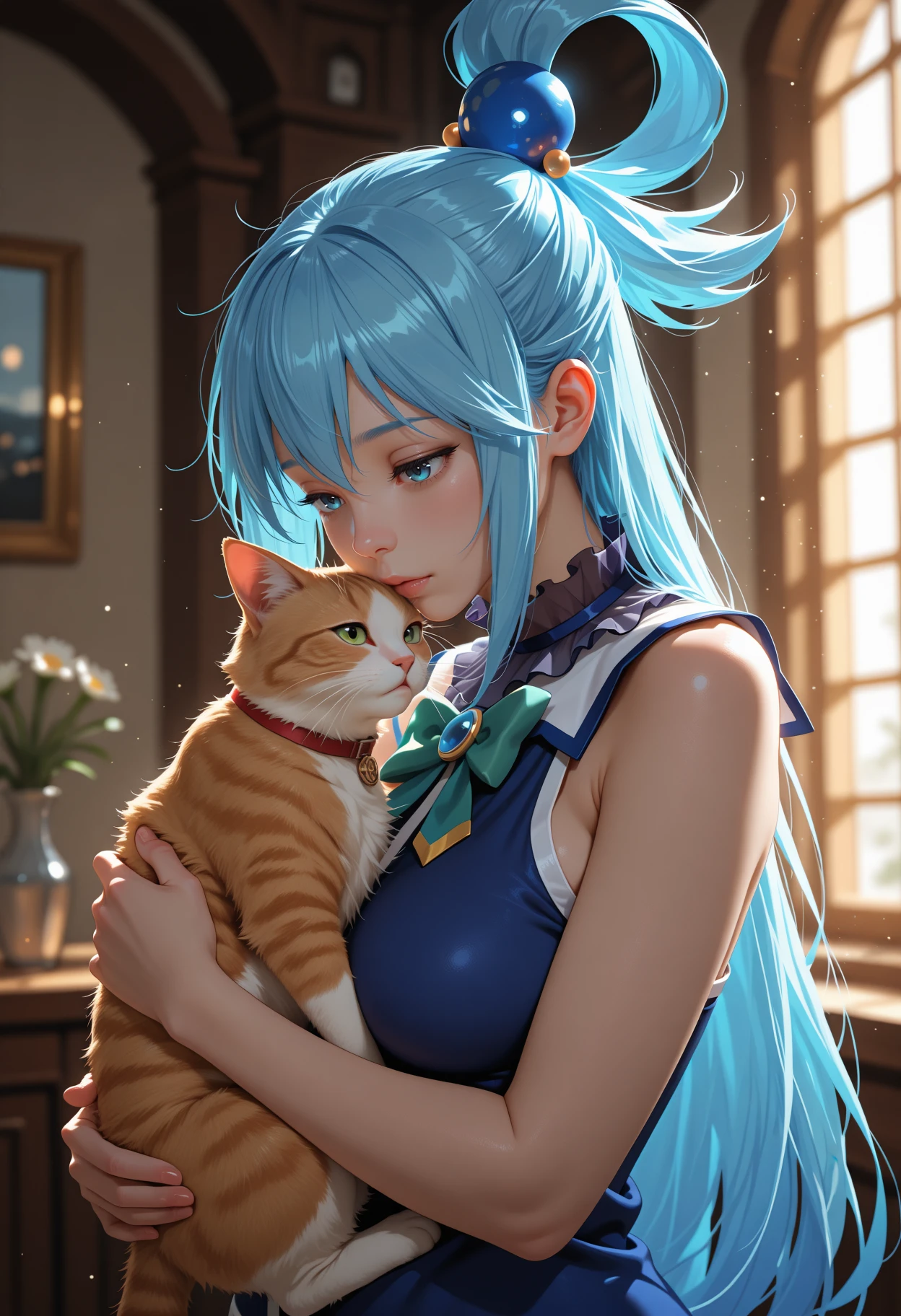 masterpiece, best quality, aesthetic, absurdres, masterpiece, (high quality), (high resolution), (incredibly detailed), natural light, cinematic, volumetric lighting, depth of field,
Aqua \(Konosuba\), holding a cat