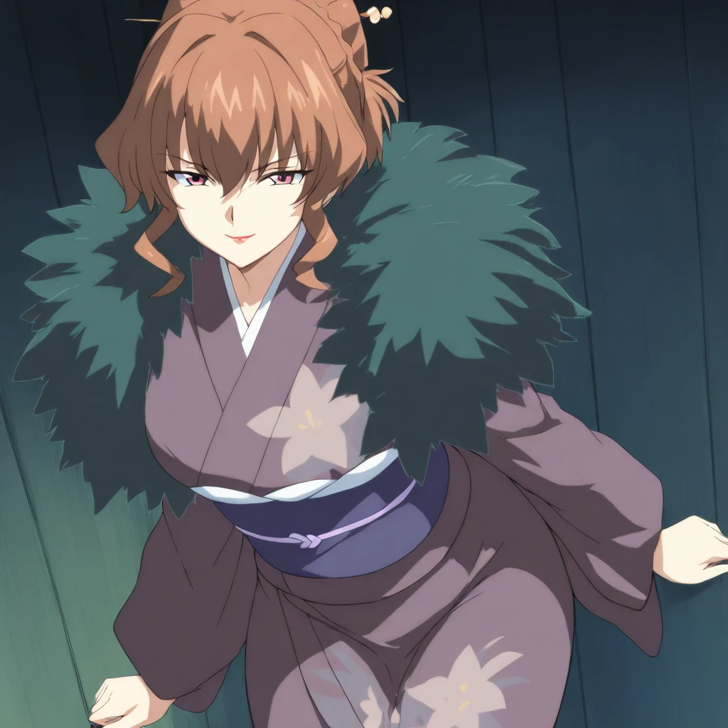 masterpiece,high score,great score,absurdres,anime coloring,looking at viewer,solo,cowboy shot,<lora:RanIchihashi ag4o:1> ranichihashi, brown hair, hair bun, red eyes, lipstick,kimono,