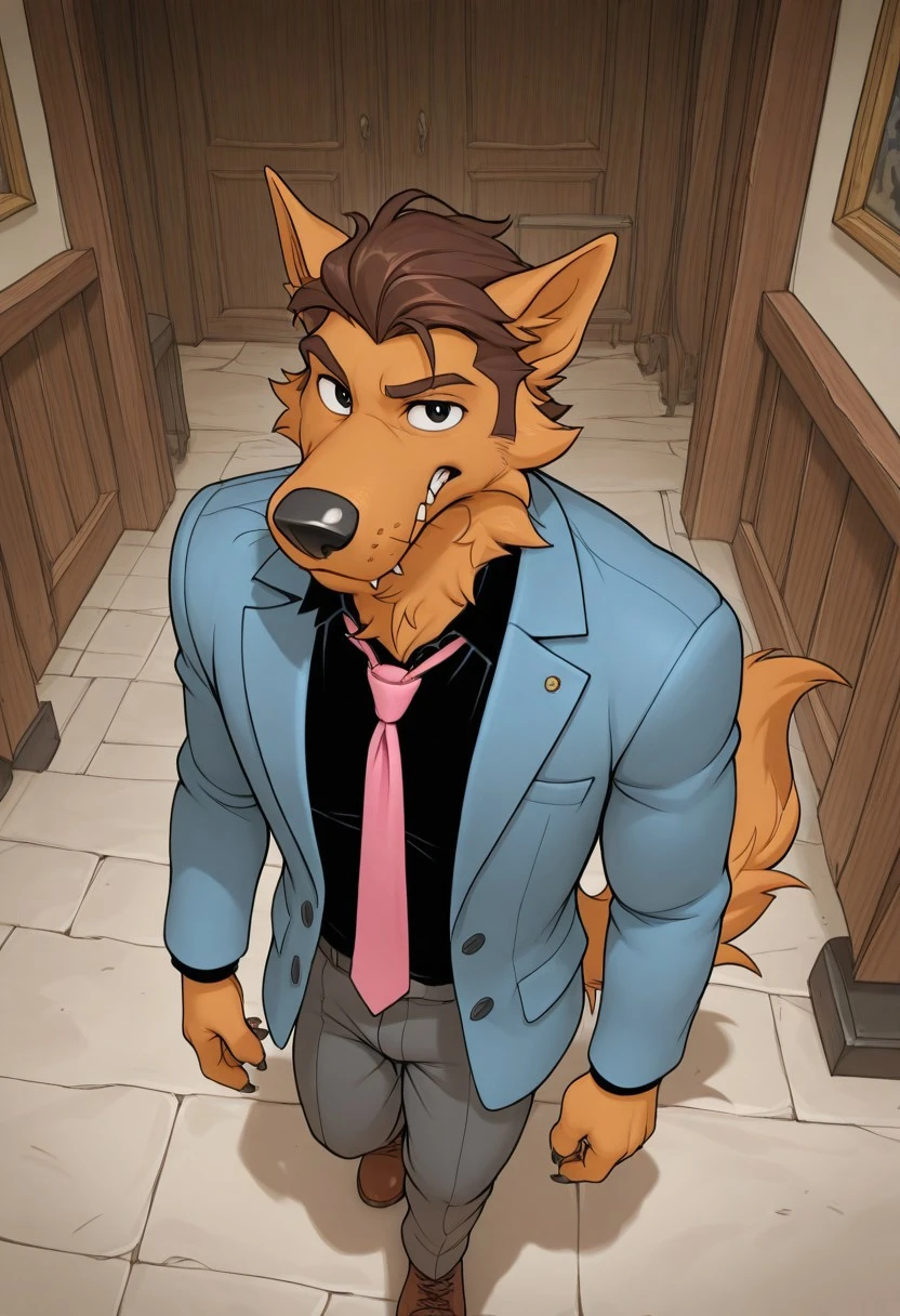 3d,masterpiece,best quality,highres,absurdres,newest,year 2024,aesthetic,very aesthetic, ultra-high resolution,32K UHD, 1boi, solo, Cartoon Wolf, Long Snout, Orange fur, animal ears, brown hair, slicked back hair, whiskers, shaggy fur, tail, paws, black nose, black eyes, sharp teeth, blue jacket, black shirt, gray pants, pink tie, brown shoes, slicked back hair, wolf, sideburns,