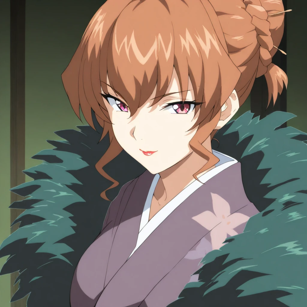 masterpiece,high score,great score,absurdres,anime coloring,looking at viewer,solo,<lora:RanIchihashi ag4o:1> ranichihashi, brown hair, hair bun, red eyes, lipstick,kimono,