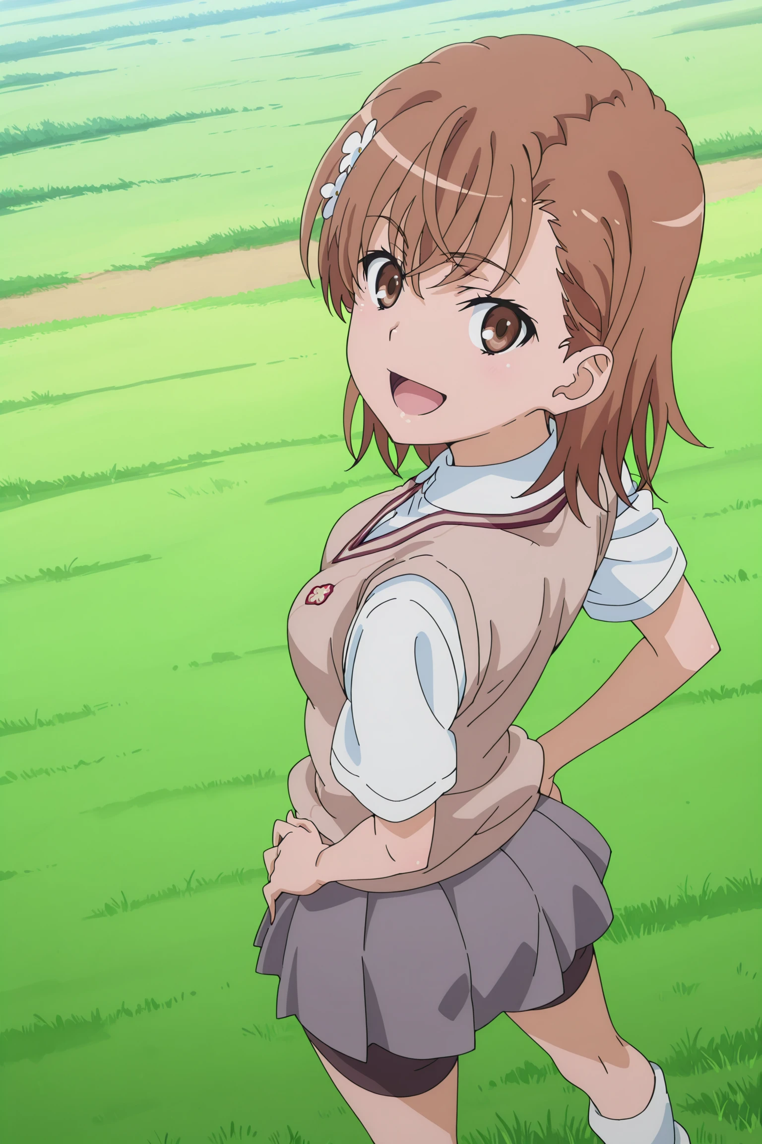 anime screencap, anime coloring, detailed face, masterpiece, best quality, absurdres, official style, official art,
outdoors, grass,
<lora:Mikoto_Misaka_A_Certain_Magical_IndexA_Certain_Scientific_Railgun:1>
M1k0t0M1s&k&, 1girl, solo, scool uniform, tokiwadai school uniform, brown hair, brown eyes, skirt, shorts, sweater vest, hair ornament, short hair, grey skirt, socks, shorts under skirt, open mouth, loose socks,  girl facing to the right, pleated skirt, looking back at viewer, hair flower, medium breasts, mature girl, view from the side, standing, smile, :D, from above, from behind, hands on hips,
 <lora:perspective:0.8> perspective