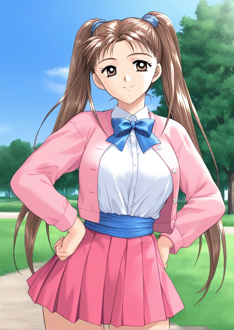 masterpiece, best quality, good quality, <lora:Kanou_Ryouko_kakyuusei_Ver2.0_IS:1>
Kanou_Ryouko(kakyuusei), 1girl, solo, very long hair, twintails, brown hair, brown eyes, large breasts,
pink jacket, pleated skirt, blue bowtie, open jacket, blue sash, pink skirt,
standing girl, smile, hands on own hip, day, grass, sky, tree,