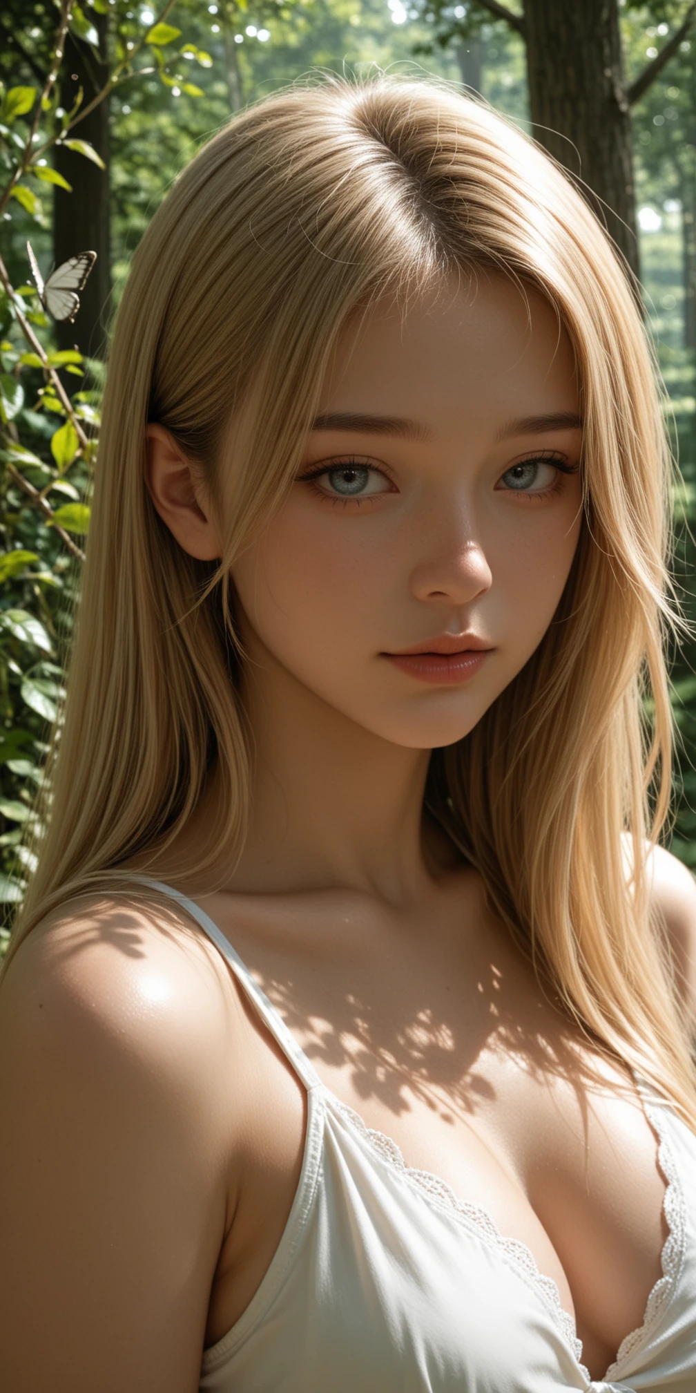 masterpiece, best quality, amazing quality, 4k, very aesthetic, high resolution, ultra-detailed, absurdres, scenery, realistic, photo, amateur, portrait, 1girl, solo, long blonde hair, blue eyes, (dappled sunlight:1.2), medium breasts, white dress, flowers, garden, muted color, forest, white butterfly, looking at viewer, leaning side against tree, vines, green, upper body, close-up, dutch angle, raw lights, BREAK, bokeh, face focus, depth of field, photorealistic details