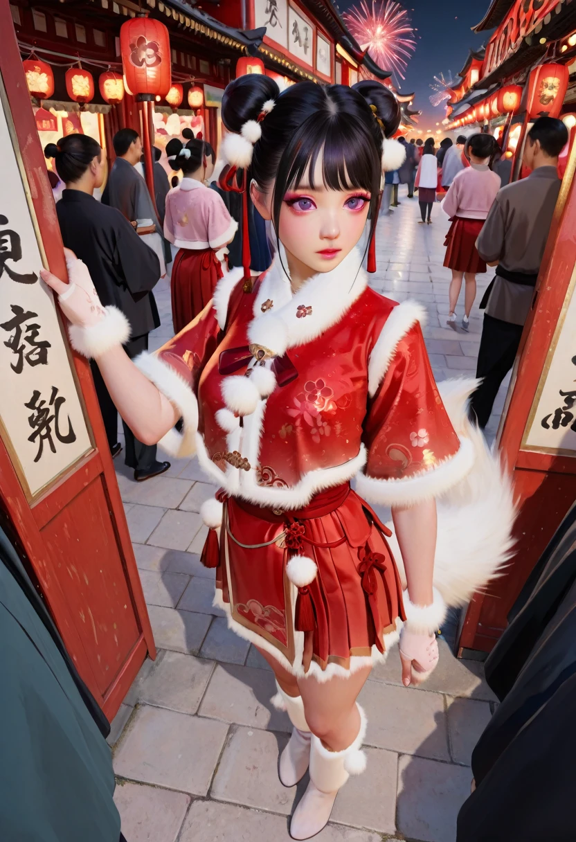 1girl,fur trim,full body,white footwear,no_hat,(skirt:1.3),(red skirt:1.3),bell,black hair,chinese clothes,capelet,double bun,fingerless gloves,fox tail,white tail,pom pom (clothes),purple eyes,
Chinese ancient New Year night market,red lanterns,(Hanfu crowds:1.3),crowd,vendors,firework sparks,festive couplets,standing,curvy,oval face,makeup,fundoshi,long_eyelashes,cowboy_shot,from_above,foreshortening,flustered,tail_wagging,shy,side head,
(masterpiece:1.2),best quality,masterpiece,highres,original,extremely detailed wallpaper,perfect lighting,(extremely detailed CG:1.2),<lora:æ°¸å«æ é´è¡æ¡æ¥æ¡ç¬SDXL:0.8>,<lora:Semi-realism_illustrious:0.8>,Semi-realism,red top,