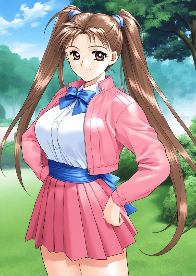 masterpiece, best quality, good quality, <lora:Kanou_Ryouko_kakyuusei_Ver2.0_IS:1>
Kanou_Ryouko(kakyuusei), 1girl, solo, very long hair, twintails, brown hair, brown eyes, large breasts,
pink jacket, pleated skirt, blue bowtie, open jacket, blue sash, pink skirt,
standing girl, smile, hands on own hip, day, grass, sky, tree,