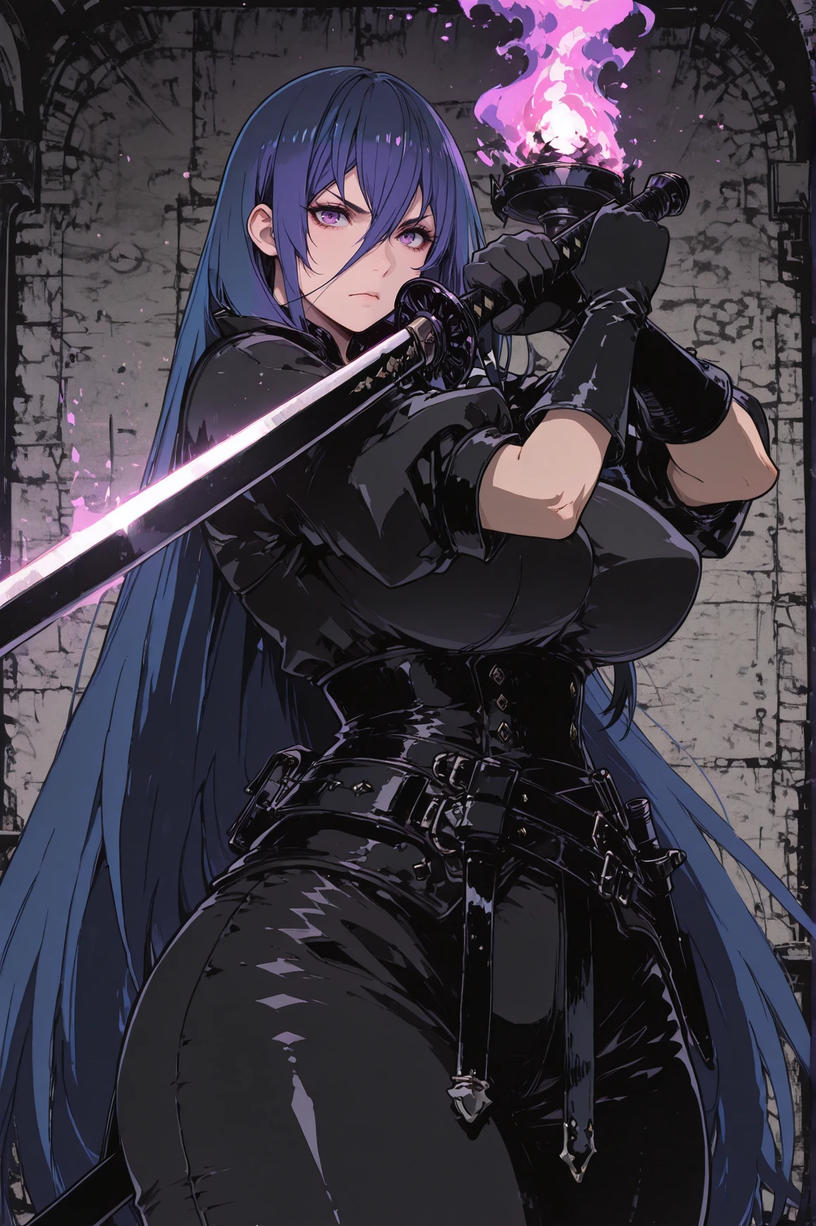 <lora:Niji_oil_animme:1.3>, Niji_oil_anime,masterpiece, ultra-HD, high detail, depth of field, best quality, 8k, best quality, ergonomic, (anime coloring, anime screencap), official art,detailed colored sketch,1girl,solo,(huge perky breasts,wide hips,thick thighs), <lora:Yuika_-_Dungeon_Sherpa_Meikyuu_Michisaki_Annainin_Manga_-_Illustrious:1>,yuika_dungeon_sherpa,dark_blue hair,very long hair,bangs, hair between eyes,long sidelock over right shoulder,purple eyes,black top,black gloves,black pants, long_sword,serious expression,<lora:sword-guard-stance-illustriousxl-lora-nochekaiser:1>, sword guard stance, sword, weapon, solo, katana, holding, holding weapon, holding sword, looking at viewer, cowboy shot, in a fantasy dungeon,concrete walls, torch lighting on walls,