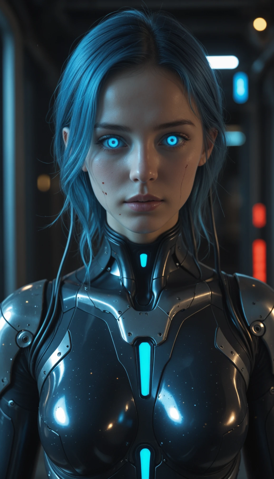 masterpiece, best quality, amazing quality, 4k, very aesthetic, high resolution, ultra-detailed, absurdres, scenery, realistic, photo, dramatic shadows, 1girl, solo, cyborg, clothed, young cyborg woman, crack on face, (glowing blue hair:1.2), blue eyes, (glowing eyes:1.3), neon, (mechanical parts, detailed damaged high-tech futuristic black blue cybernetic bodysuit:1.2), detailed full cyborg body parts, (metal body, mechanical limbs, mechanical arms, cables, part lines:1.2), blue lights, cinematic portrait photo, portrait, face focus, dutch angle, (light particles:1.2), low cinematic lighting, cyberpunk, cyberpunk background, BREAK, detailed eyes, depth of field, photorealistic details