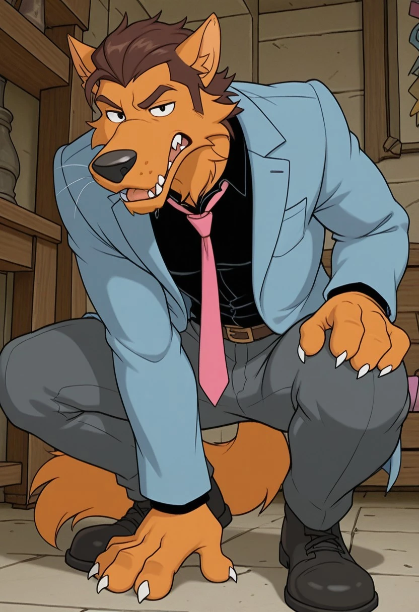 3d,masterpiece,best quality,highres,absurdres,newest,year 2024,aesthetic,very aesthetic, ultra-high resolution,32K UHD, 1boi, solo, Cartoon Wolf, Long Snout, Orange fur, animal ears, brown hair, slicked back hair, whiskers, shaggy fur, tail, paws, black nose, black eyes, sharp teeth, blue jacket, black shirt, gray pants, pink tie, black shoes, slicked back hair, wolf, sideburns