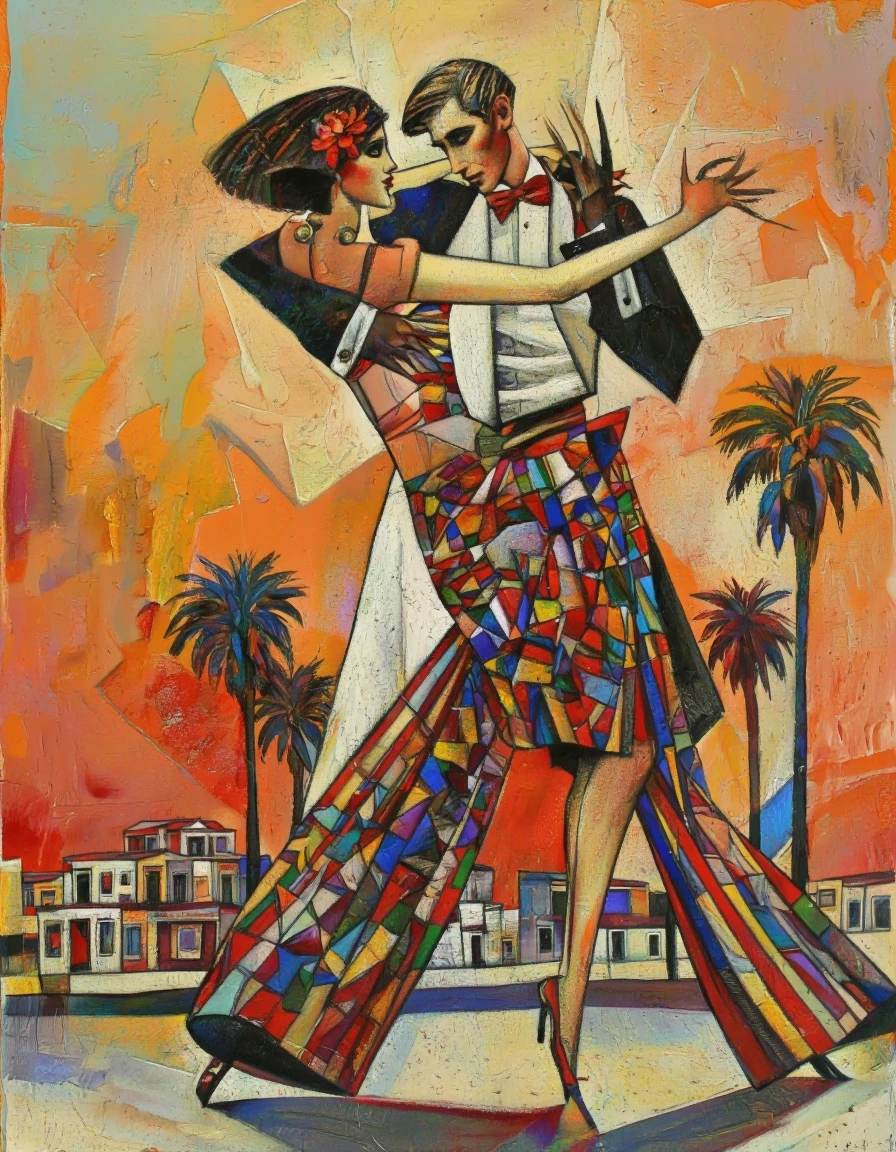 AndProso style. A vibrant and colorful painting of a couple dancing tango in a tropical setting, featuring a vibrant orange background with palm trees and a cityscape in the background. the couple, a man and a woman, are depicted in a tango pose, with the man wearing a white tuxedo with a red bow tie and striped trousers, and the woman wearing a colorful, geometric-patterned dress with a flower in her hair. they are standing close together, their arms intertwined as they move gracefully across the canvas. the woman has long, dark hair and is facing the viewer, while the man has short, light-colored hair and a serious expression. the man is wearing a black suit with a white shirt and black pants, and his hands are clasped together in front of them. the painting is done in a loose, abstract style with a mix of geometric shapes and vibrant colors, creating a sense of movement and energy.