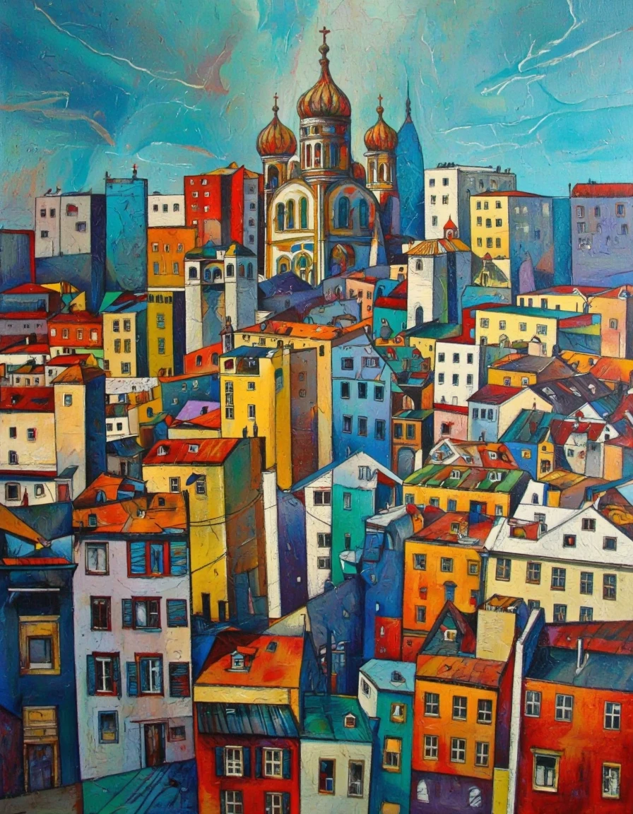 AndProso style. A colorful, abstract painting of a cityscape from a perspective perspective, featuring a vibrant cityscape with colorful buildings and a church in the center. the painting is composed of geometric shapes in a variety of colors, including blue, turquoise, yellow, orange, red, and white, creating a mosaic-like effect. the buildings are arranged in a way that creates a sense of depth and dimension, with the church standing tall in the middle of the image. the church has multiple domes and a cross on top, adding a touch of elegance to the otherwise monochromatic scene. the sky is a bright blue, with a few wispy clouds scattered across it, and the overall effect is one of serenity and tranquility. the colors blend together seamlessly into the painting, creating an artistic and dynamic composition that captures the beauty of the cityscape.
