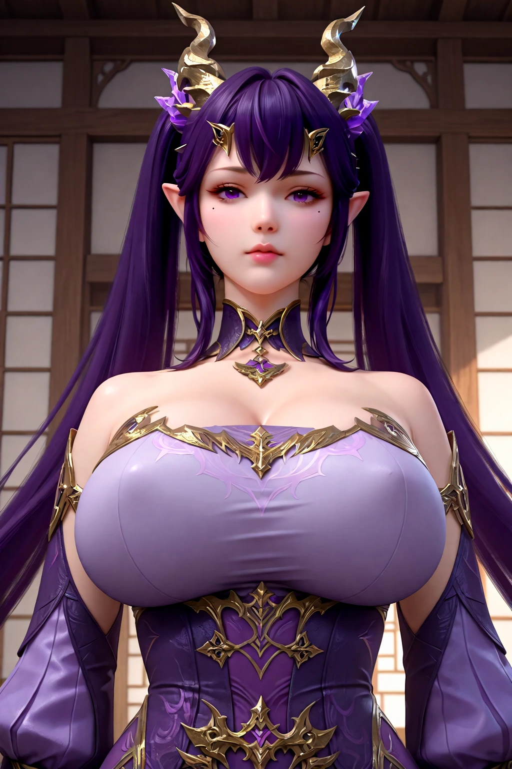 front view,
1girl,mature female,milf,huge breasts,upper body,looking at viewer,
Best quality,masterpiece,soft light,official art,high quality,highres,absurdres,epic scene,natural textures <lora:ZiYan IL-000010:1> ziyan, long hair, purple hair, twintails, purple eyes, pointy ears, hair ornament, horns, mole under eye, purple dress, detached sleeves