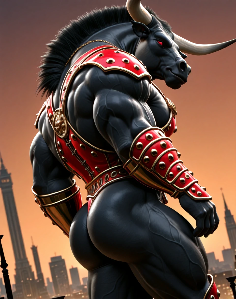 BREAK: very awe, aesthetically pleasing, masterpiece, best quality, absurd details, in'ei, source_furry, furry_art, high contrast, natural shading,
<lora:Minotaur_DCUO_(Marvel_Comics)_(Illustrious)_(AD):1> Minotaur DCUO, muscular, minotaur,
exterior, simple anime background, city, Metropolis from DC Comics, battle scene, ground level,
BREAK:
dutch angle, solo, ((dynamic action, dynamic expression, ):1.15), cowboy shot, bent leg, (( side view, butt, ):1.25),
((
overwhelmingly powerful, indomitable, no humans, male focus, intricately detailed armor, solid red eyes, smirk, (( )),
powerful sexy male physique, veiny muscles, large shoulders, large biceps, large thighs, manly, bara,
)),
BREAK: lazypos (4),